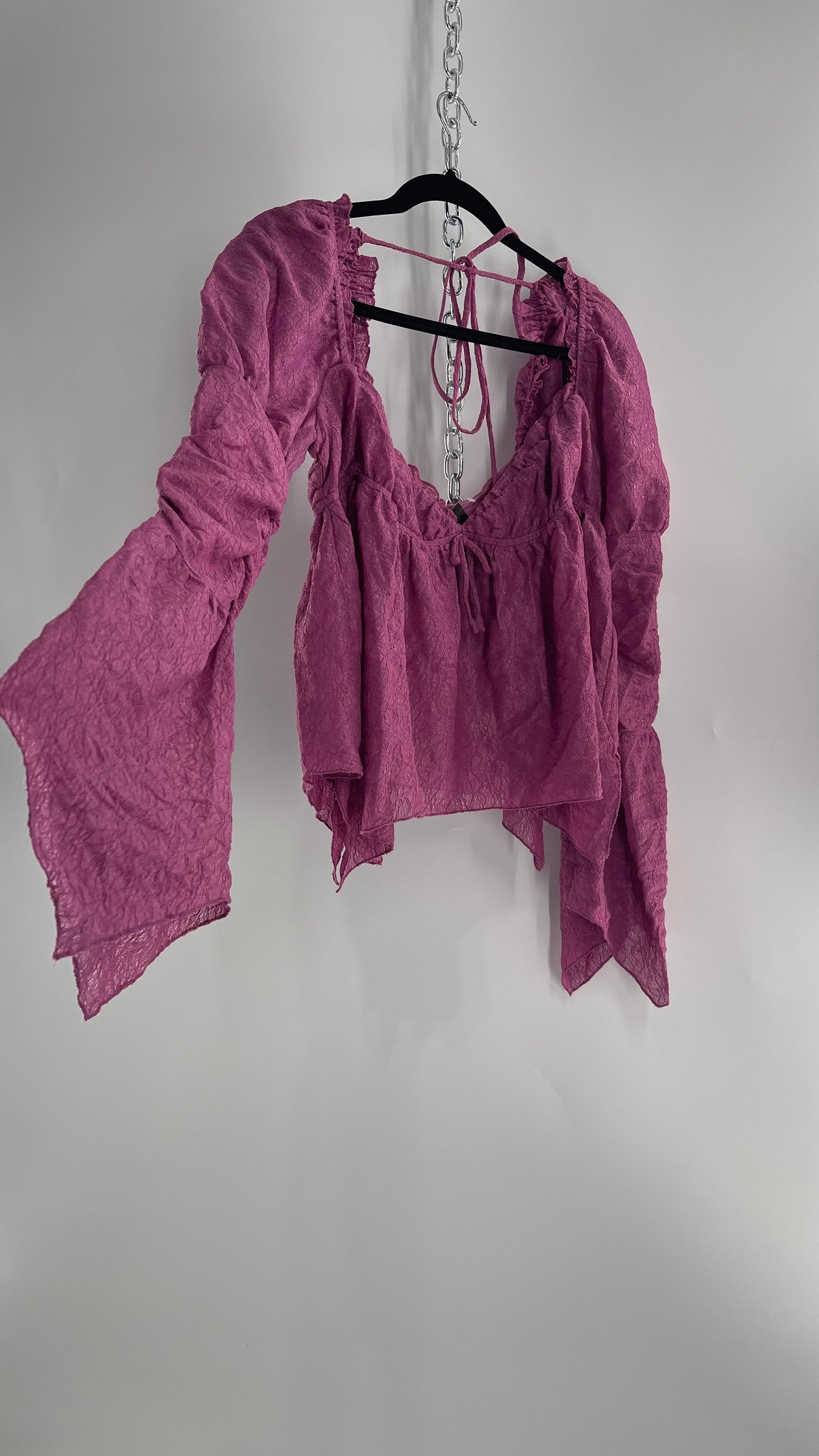 Urban Outfitters Purple Lace Blouse with Handkerchief Slit Hem, Princess Fairy Sleeves, Ruffle Trim Bust and Low Back (Large)