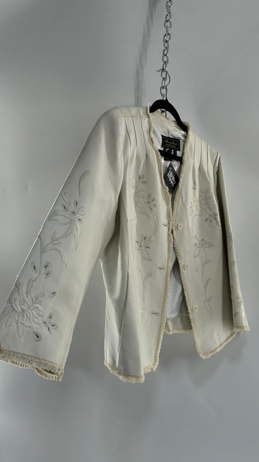 Vintage TERRY LEWIS White Leather Pleated Back, Embroidered Jacket with Lace Trim (Large)