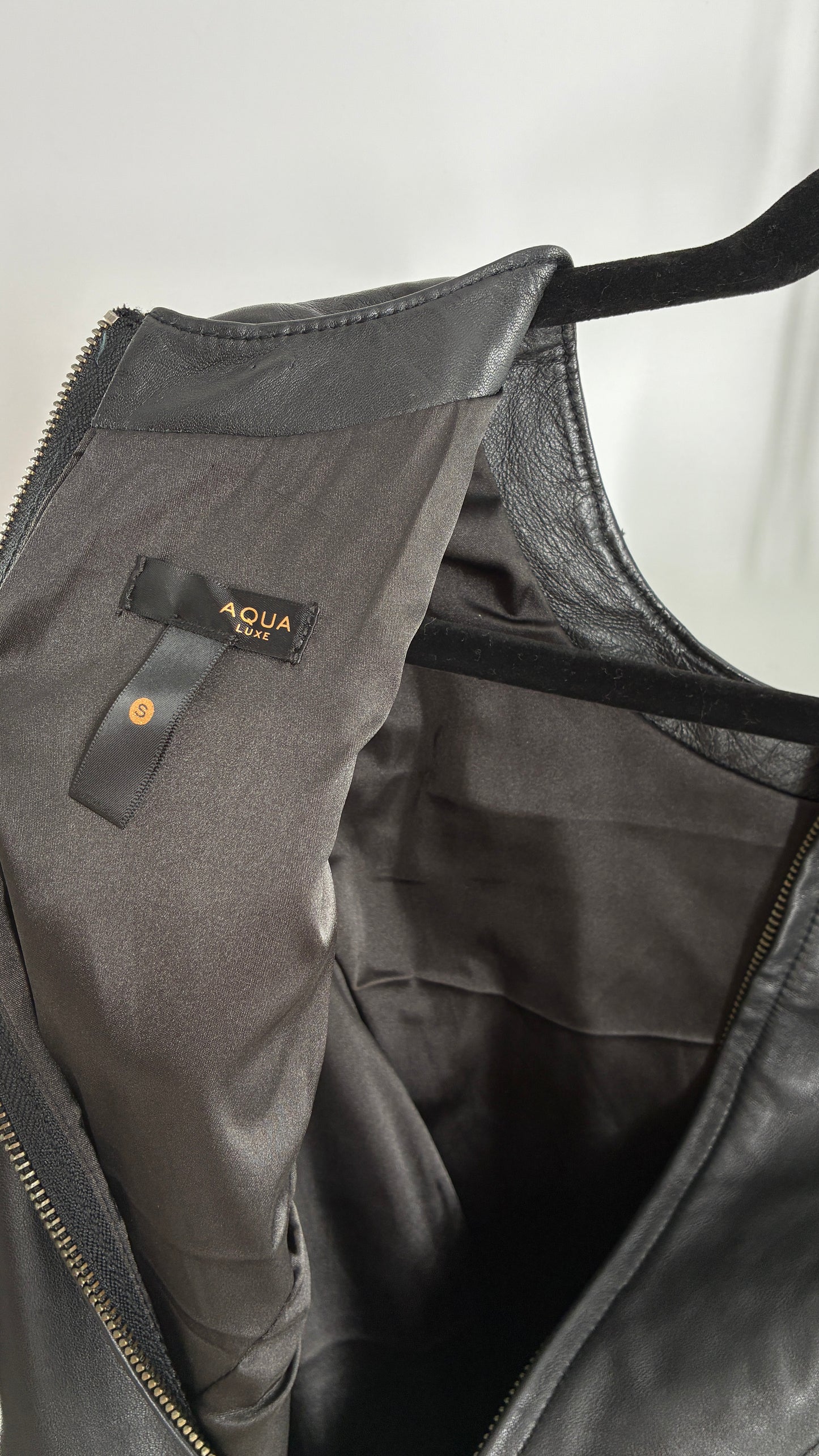 AQUA LUXE Black Leather Bodycon Paneled Dress with Tags Attached (Small)
