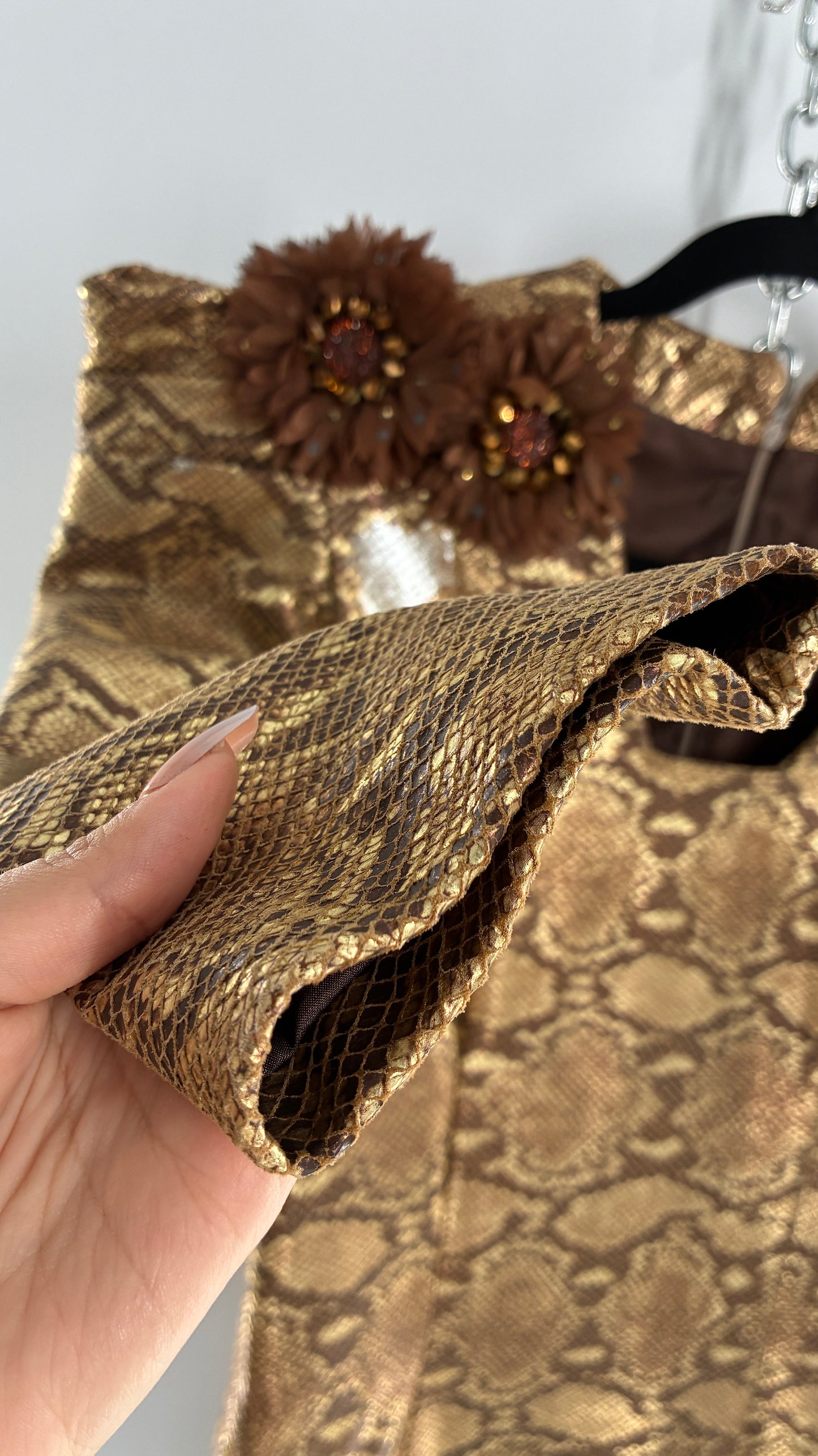 Vintage 1980s Handmade Genuine Leather Snakeskin Bronze Midi Dress with Floral Appliqués (Medium, See Measurements)