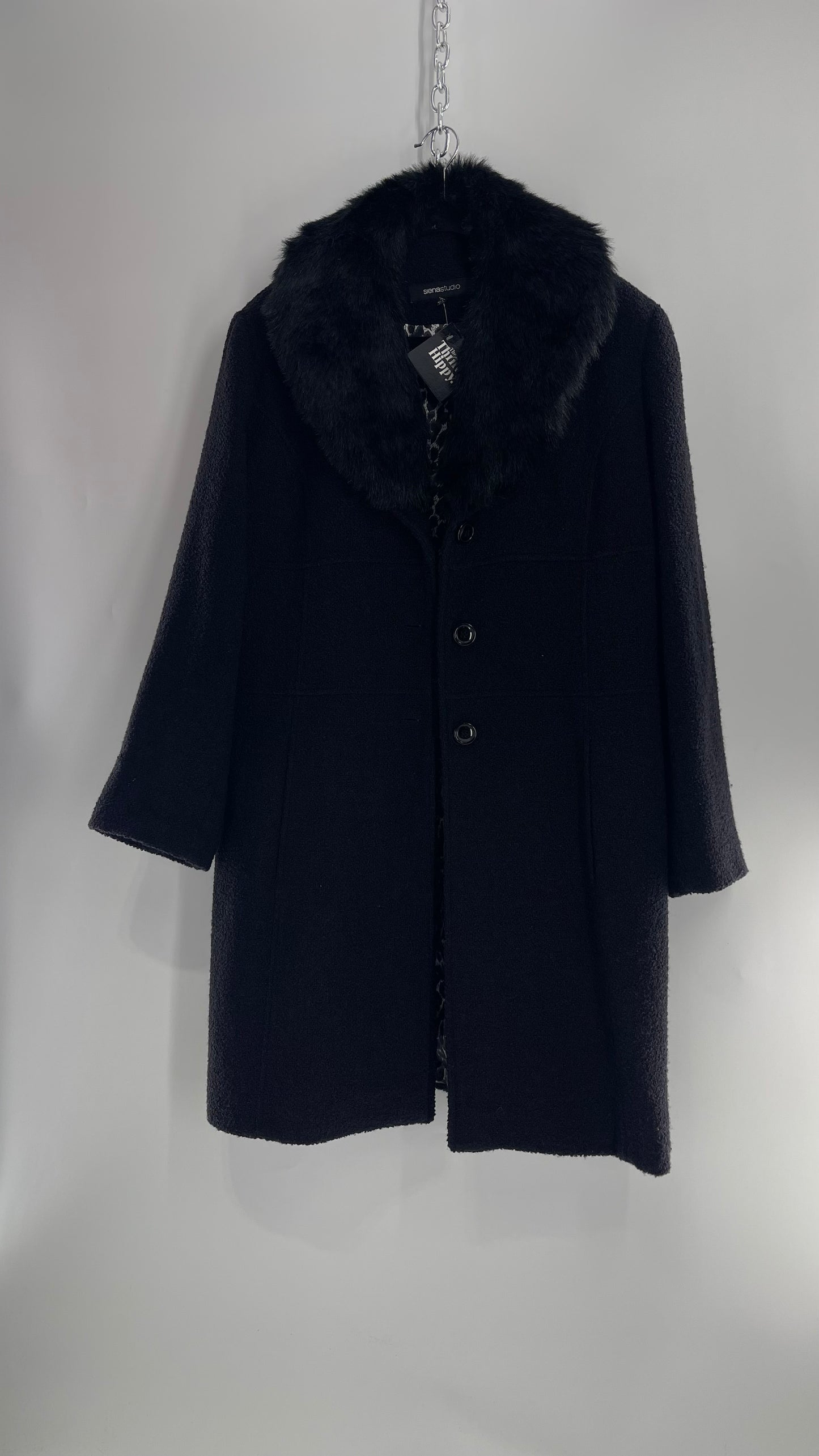 Vintage Sienna Studio Black Bouclé Coat with Faux Fur Detachable Collar and Leopard Lining (Large)