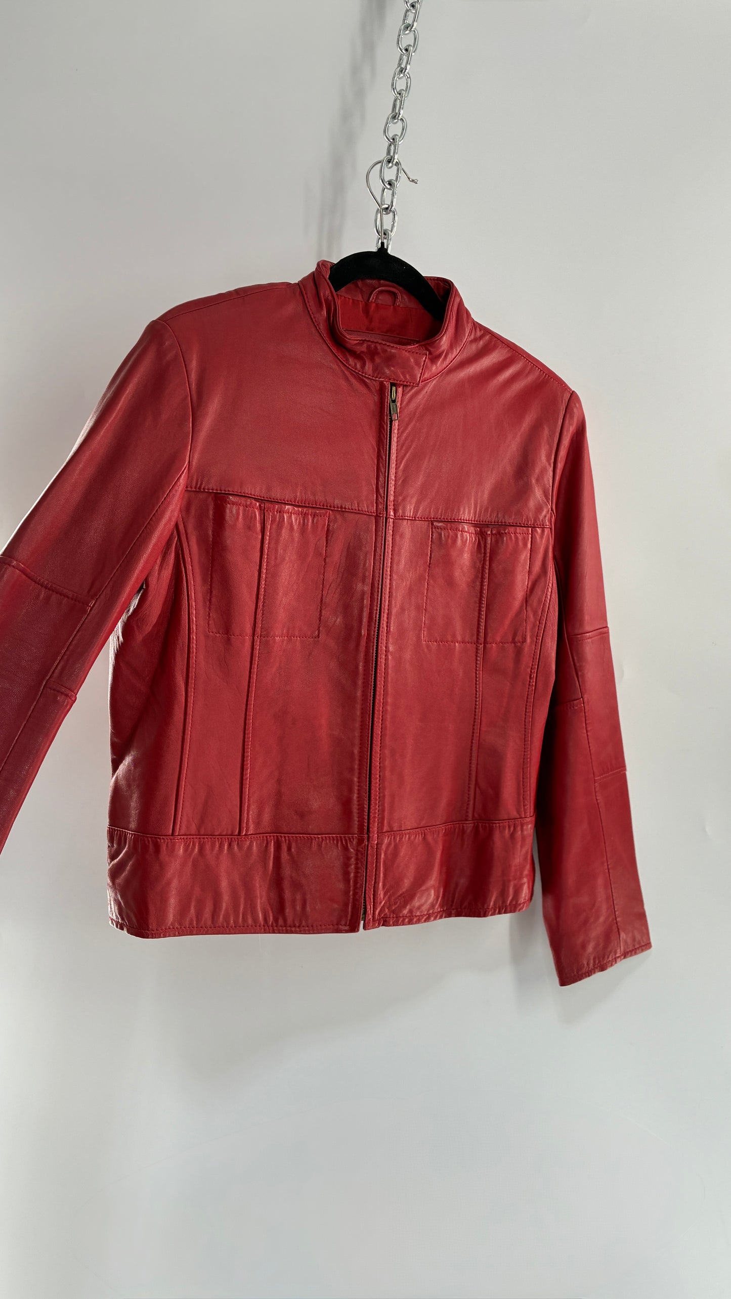KATHY IRELAND Lamb Leather Red Motorcycle Neck Strap Jacket (Medium)