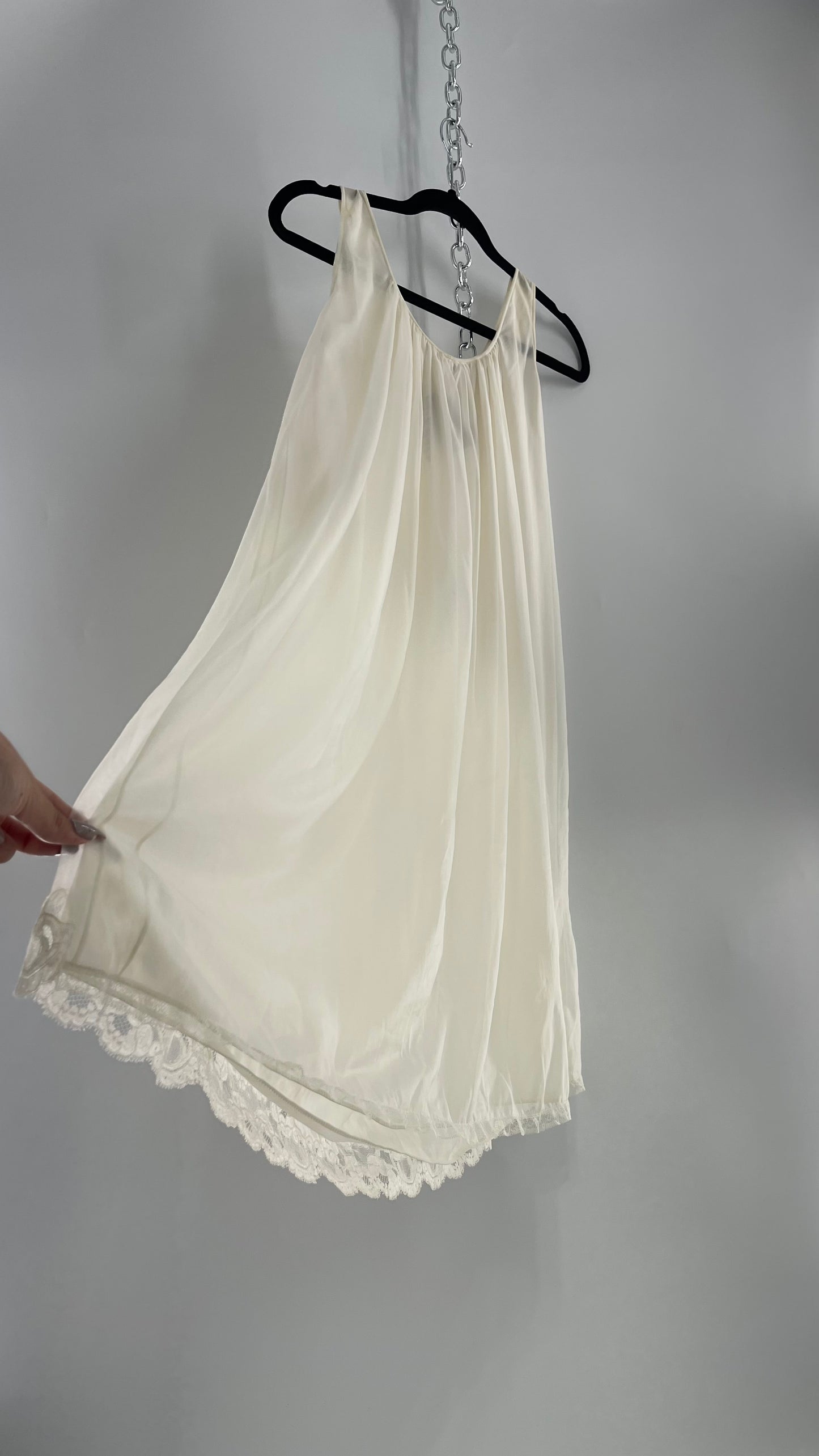 Vintage Leonora Off White Camisole Slip Nightgown Dress with Lace Trim and Decal Detail (Small)