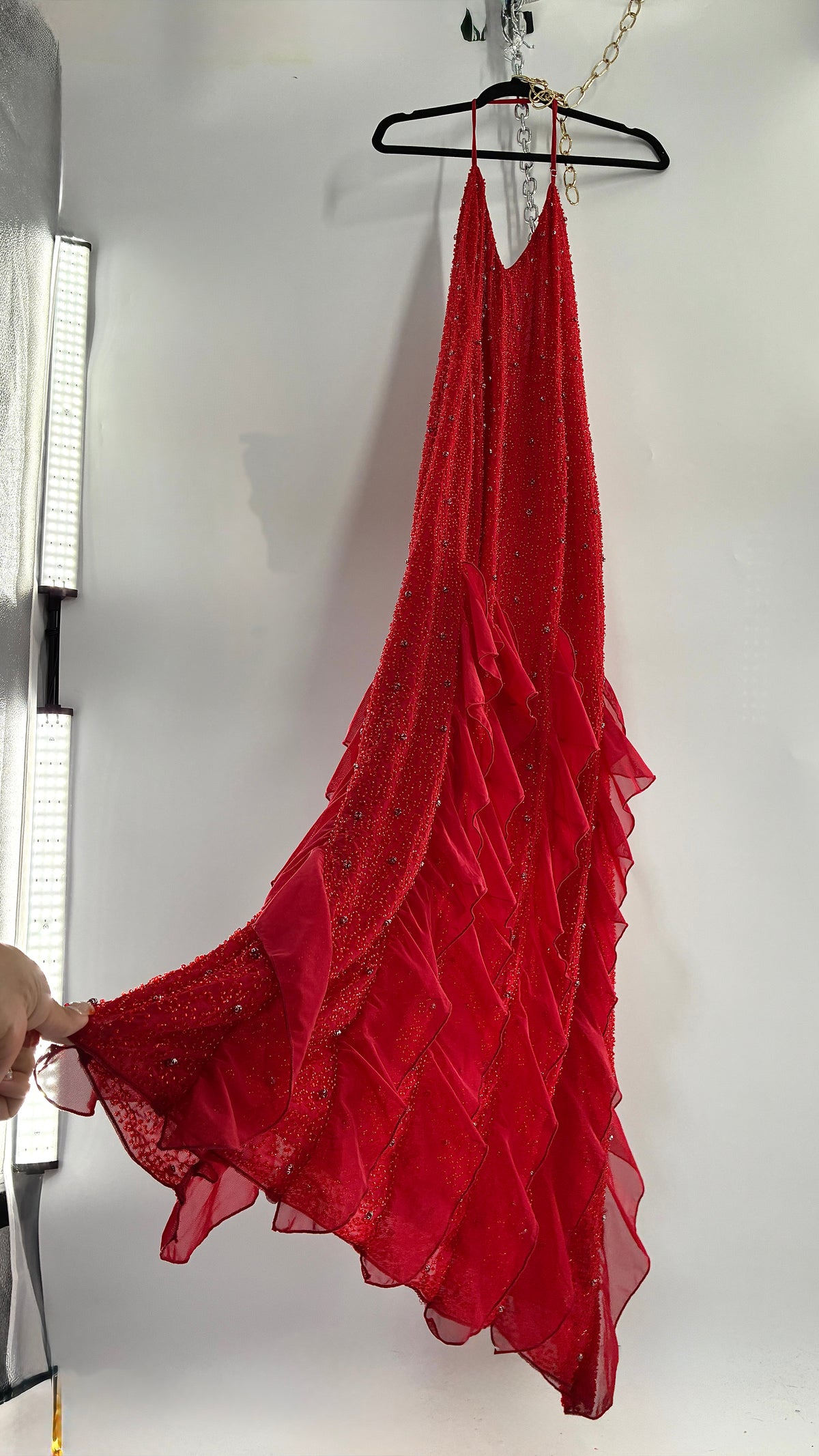OH POLLY Red Beaded Gown with Ruffled Detailing NWOT (14)