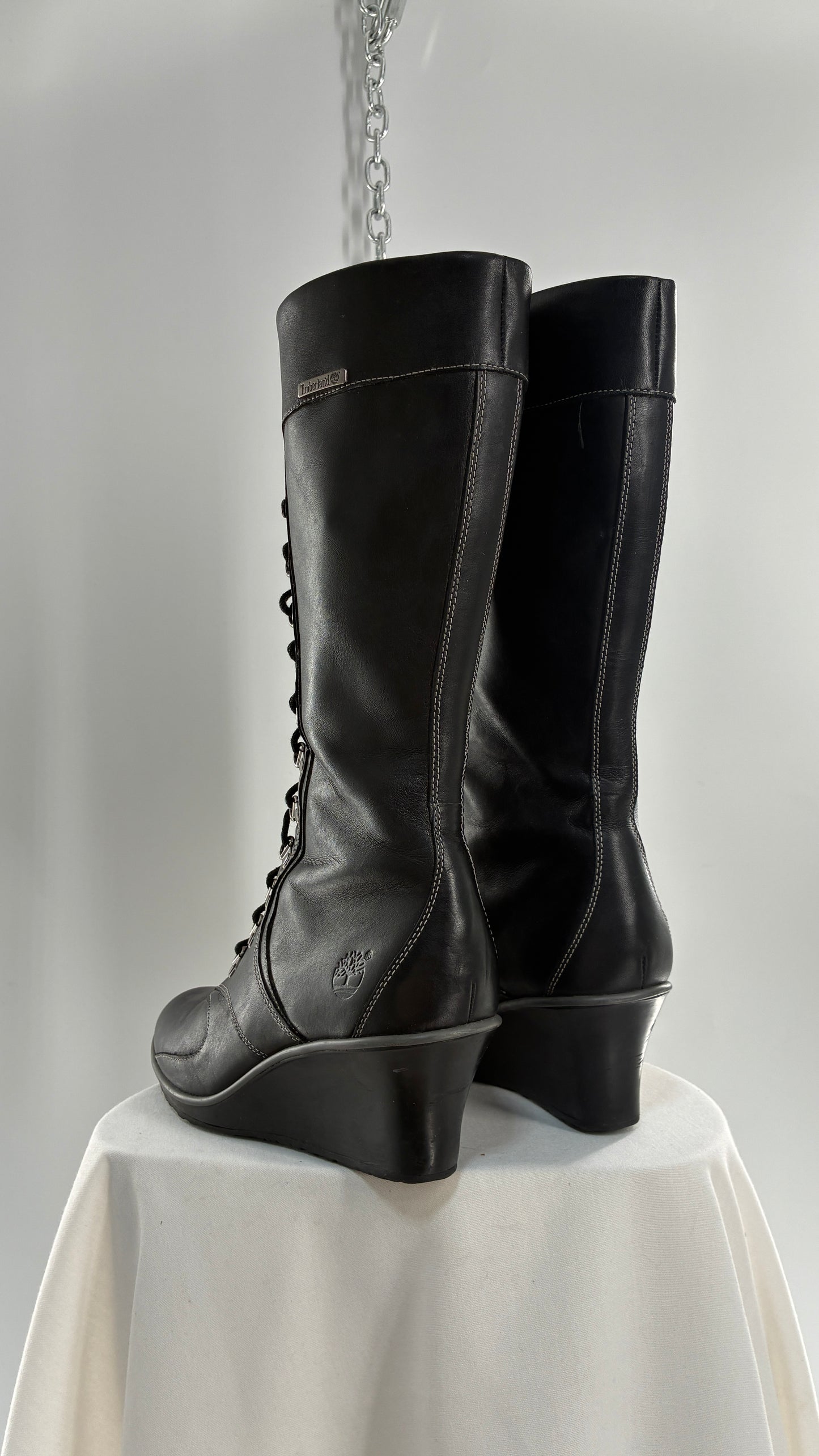 Vintage TIMBERLAND Black Genuine Leather Wedge Boots (10)