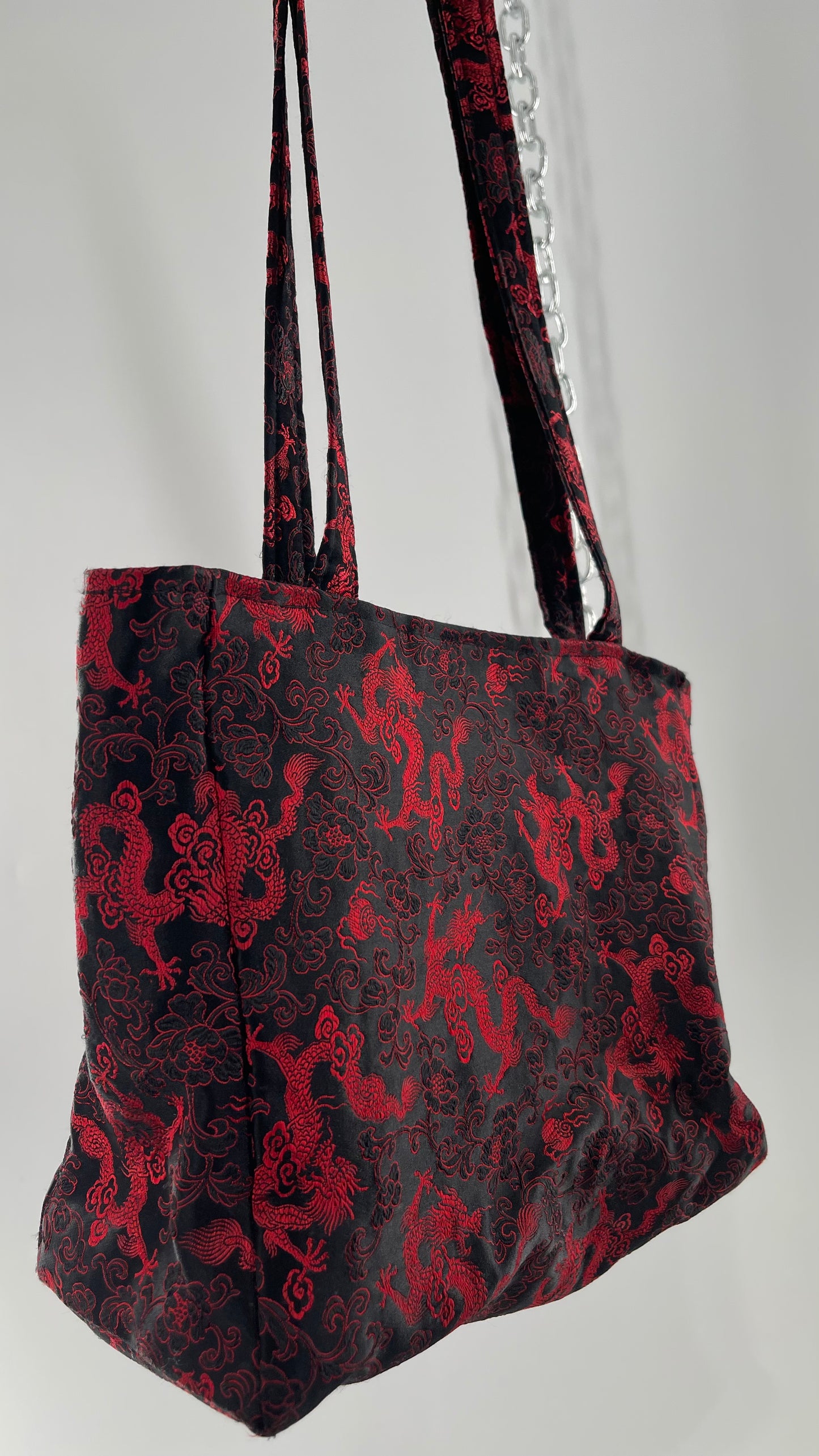 Vintage Black Satin/Silky Tote with Red Dragon/Floral Embroidery