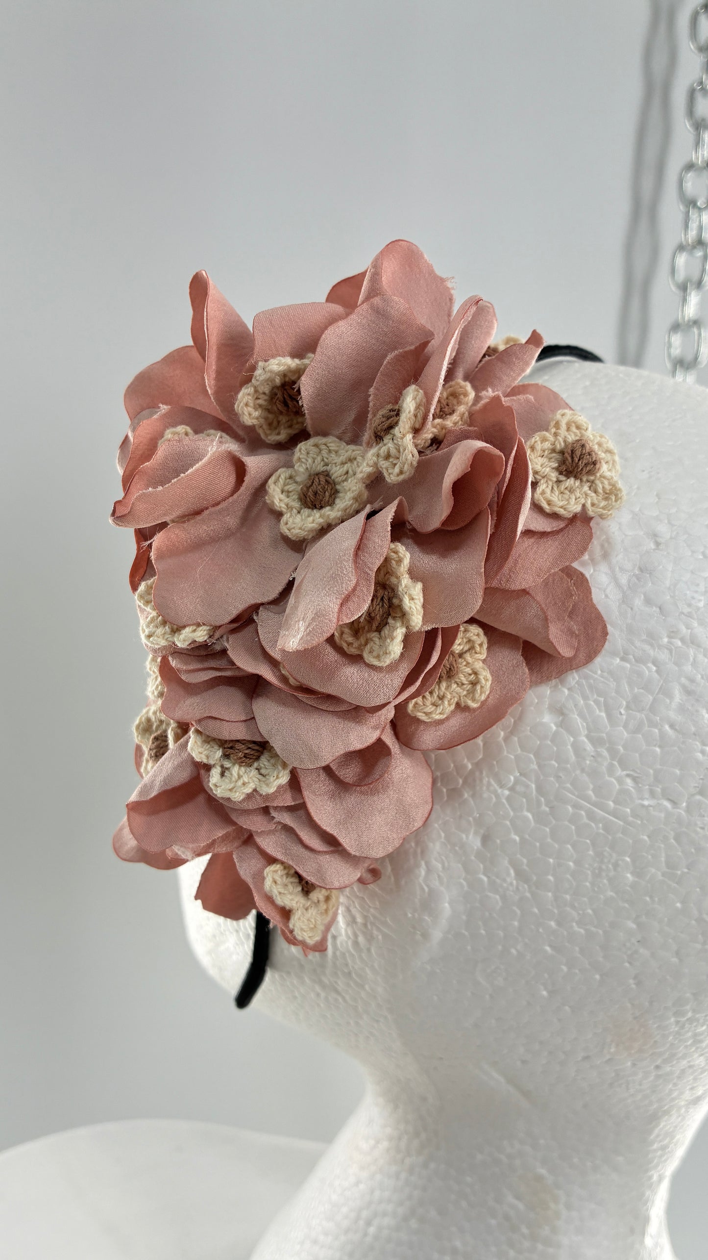 Vintage Handmade FARMER Headband with Pink Petals and Crochet Florals