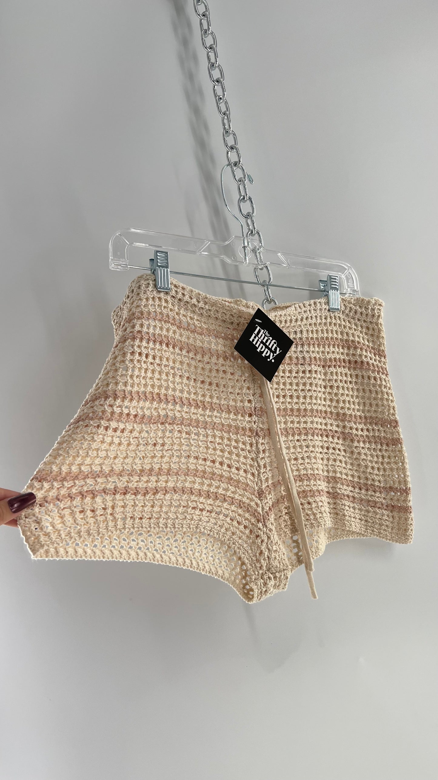 Free People Beach Beige Knit Crochet Cover Up Shorts (Medium)