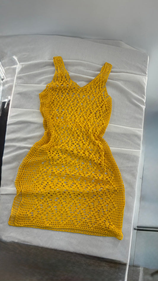 Vintage Brazilian Hand Knit Yellow Crochet Mini Dress (S/M)