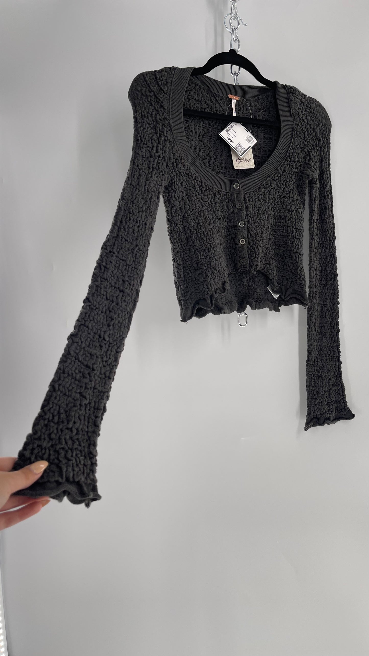 Free People Charcoal Grey Textured Stretchy Knit Button Front Cropped Long Sleeve with Tags Attached (XS)