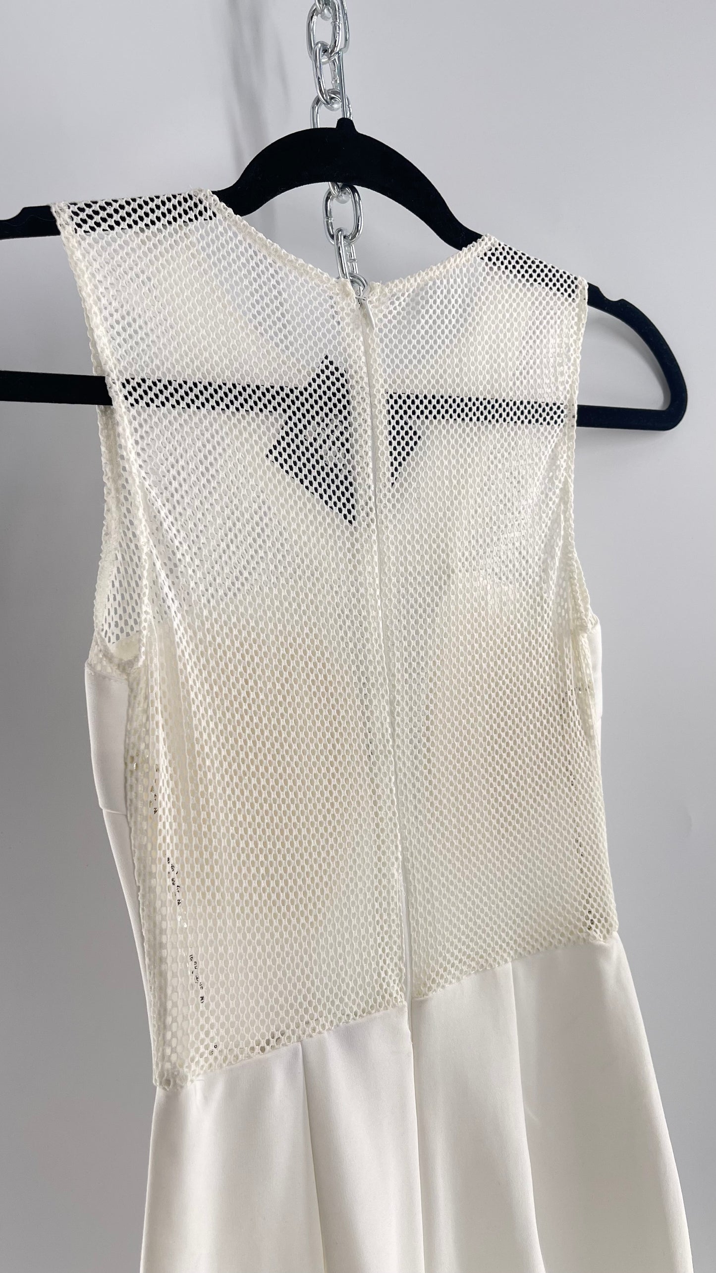 Rare London White Mesh Bodycon Mini Dress with Sheer Back and Padded Bust (XS)