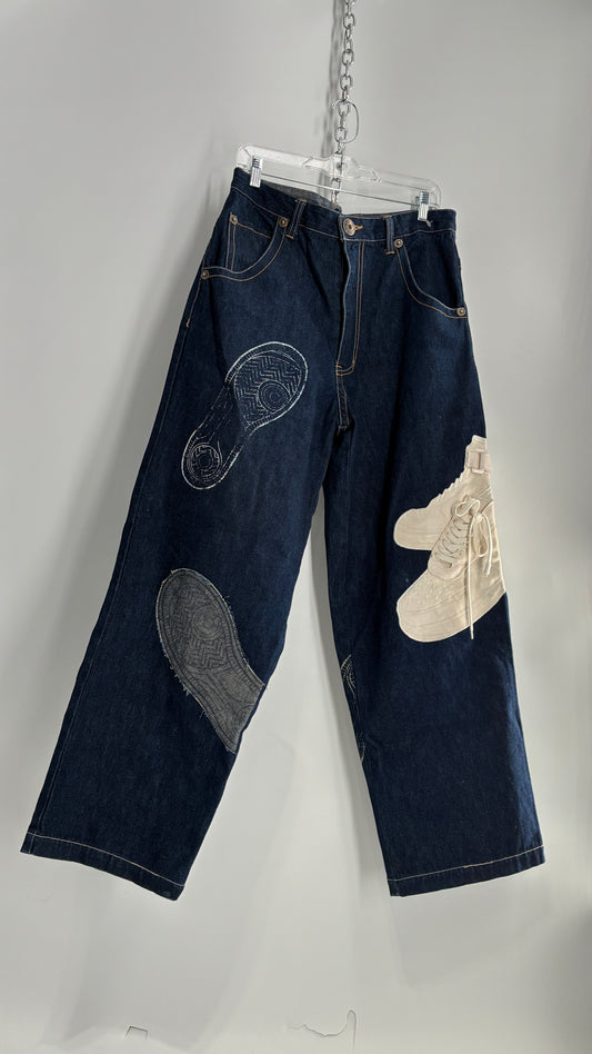 Vintage RAWBLUE Baggy Heavy Denim Wide Legs with AF1 Appliqué (32W/31)