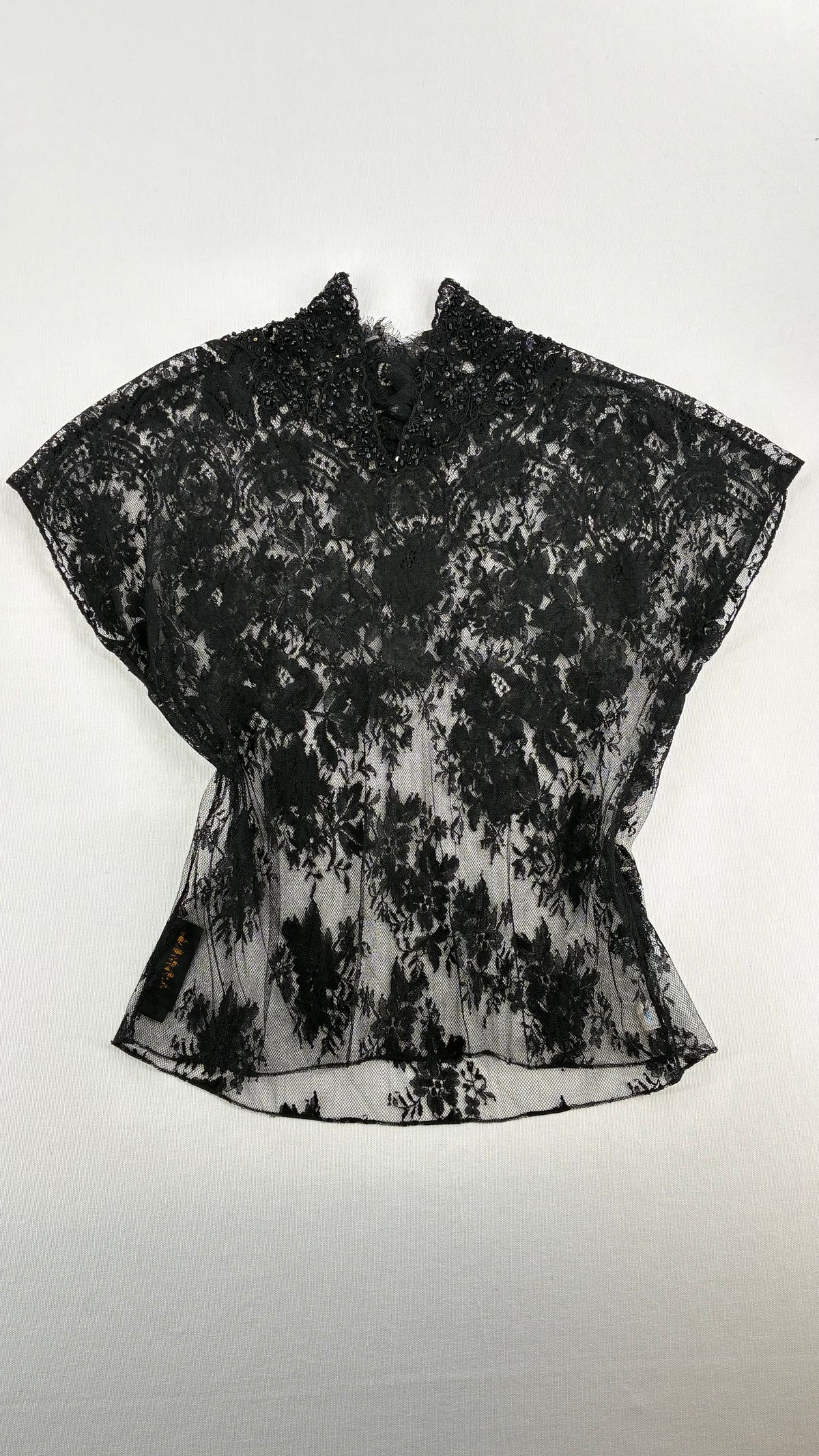 Vintage DONNA KARAN New York Ombré Floral Lace Mock Neck Beaded Blouse (6)