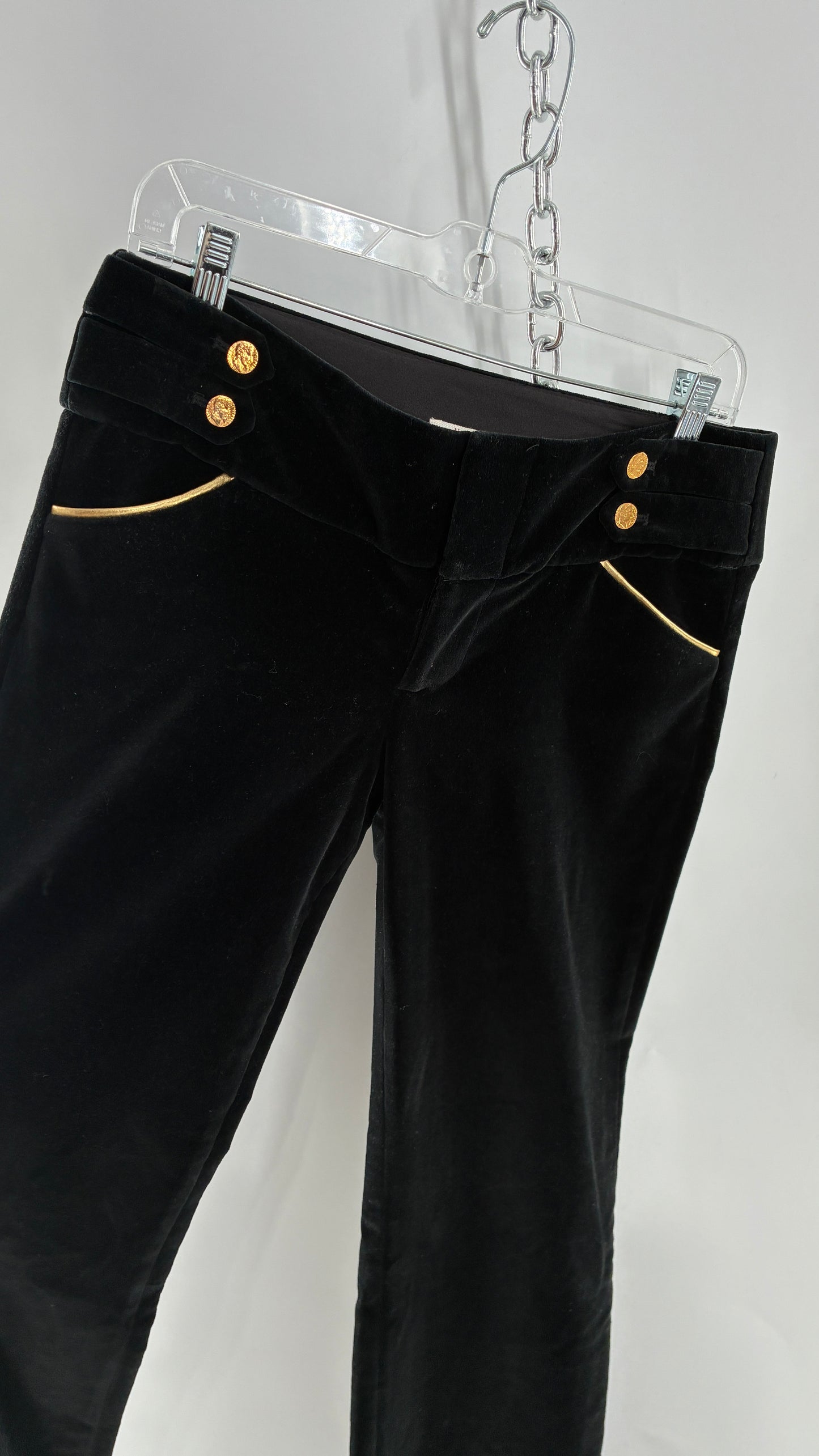 Vintage Alice + Olivia Thick Black Velour Low Rise Kickflare Pants with Thick Waistband with Gold Coin Detailing (6)