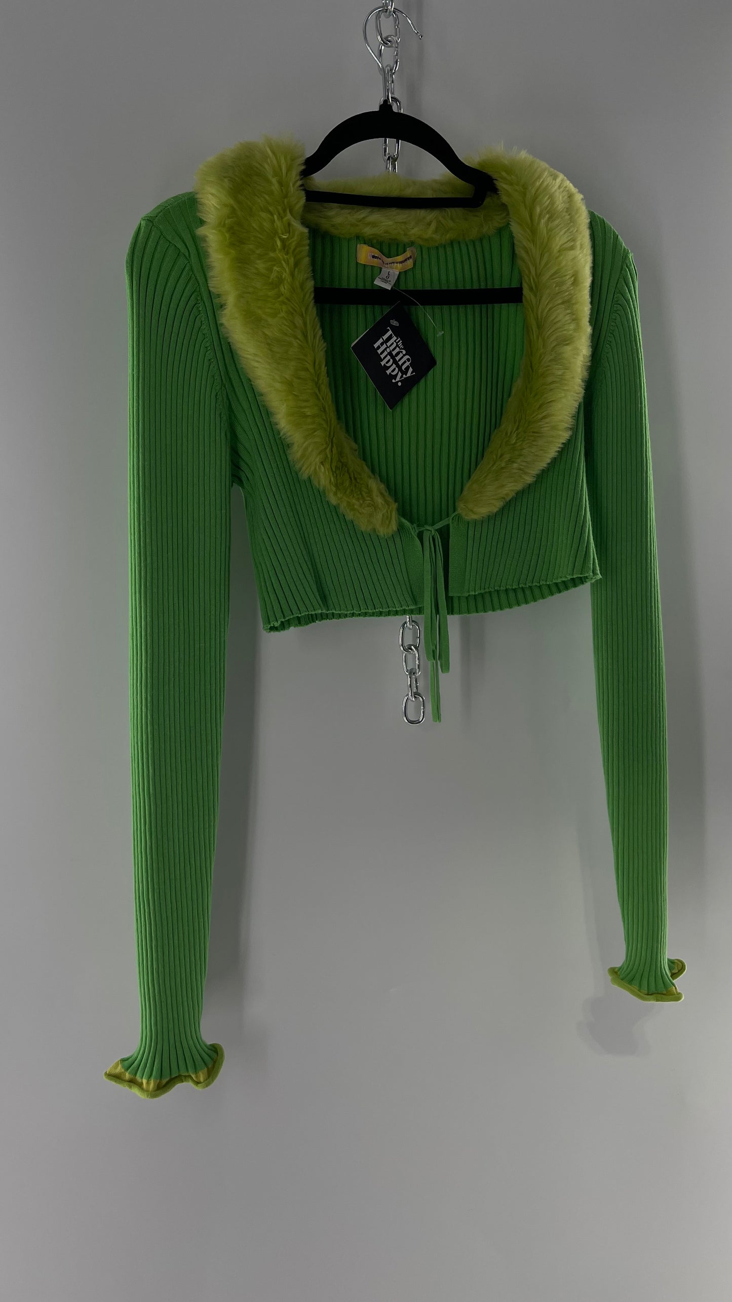 Urban Outfitters Lime Green Ribbed Ribbed Faux Fur Collar Shrug  (Large)