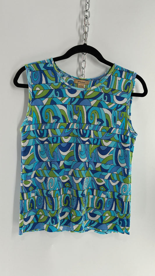 Vintage PLISSÉ Abstract Blue and Green Crimped Camisole (Large)