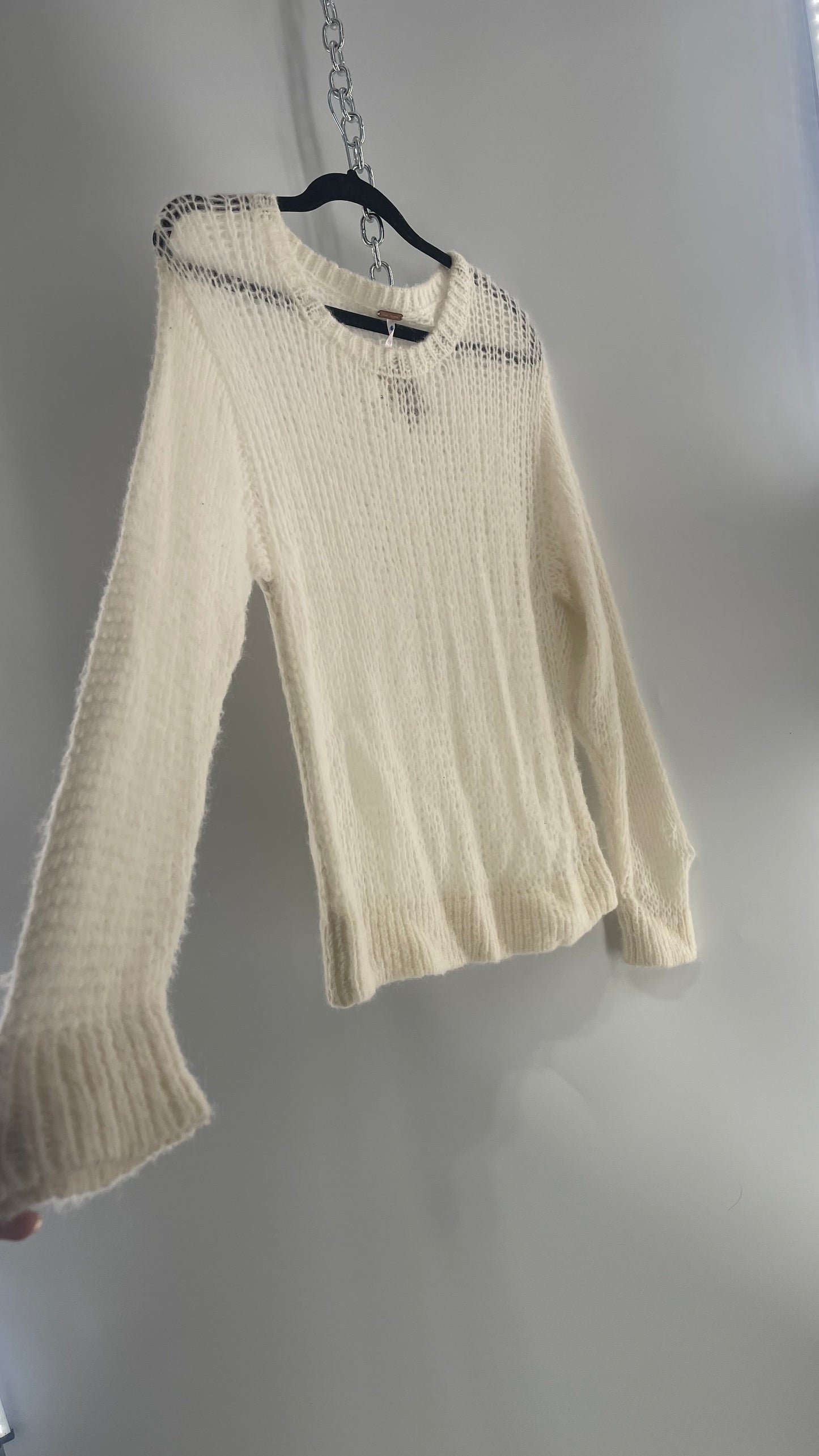 Free People White Open Knit Sweater 56% Alpaca (Medium)