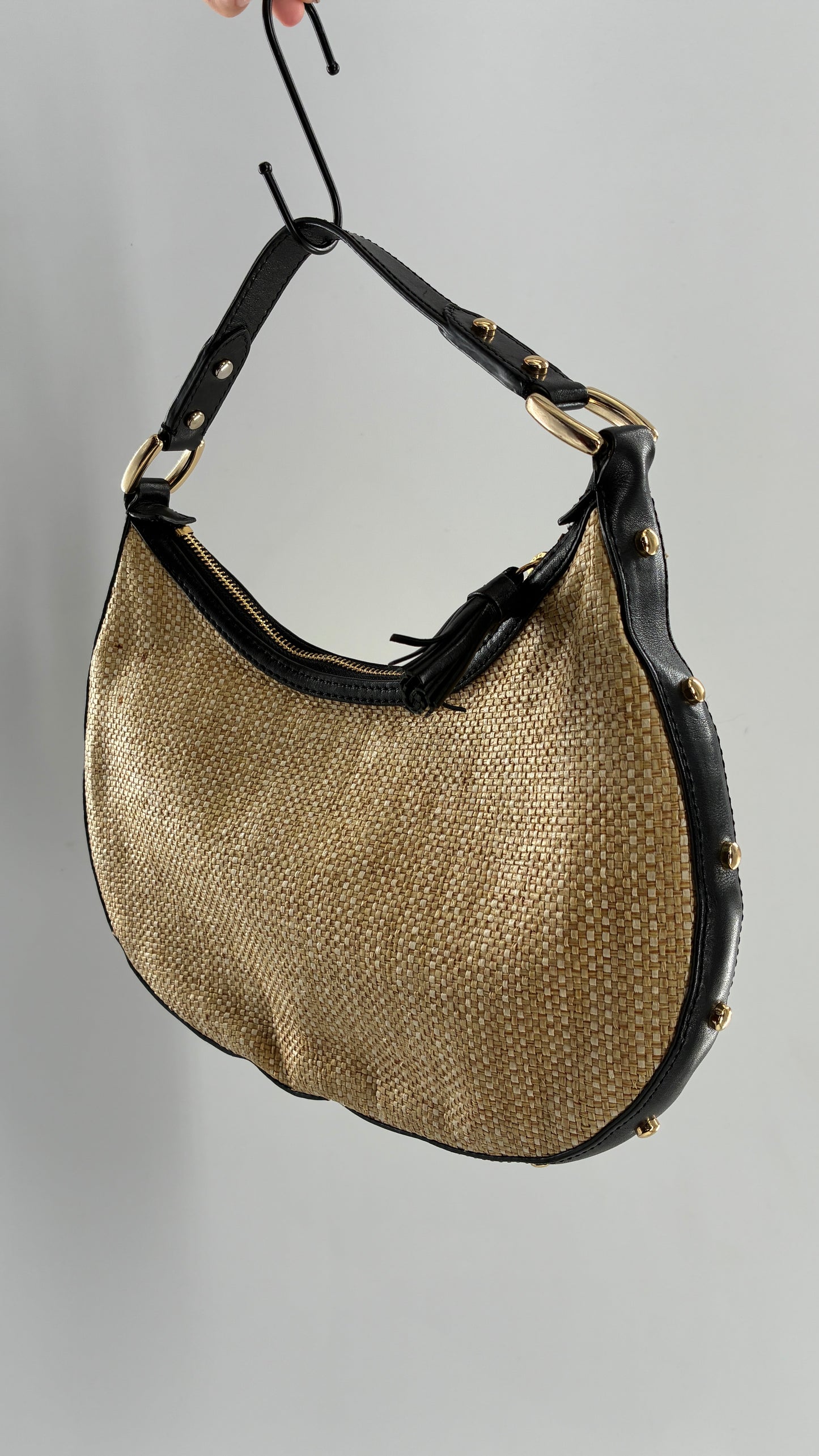 Vintage COLE HAAN Straw Shoulder Purse with Black Leather, Gold Studded Trim
