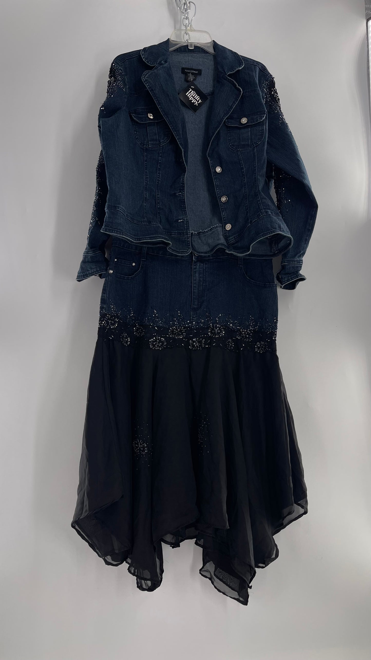 Vintage Ashley Stewart Denim Skirt and Button Up Set with Black Embroidered and Beaded Lace Details + Handkerchief Skirt (16W)