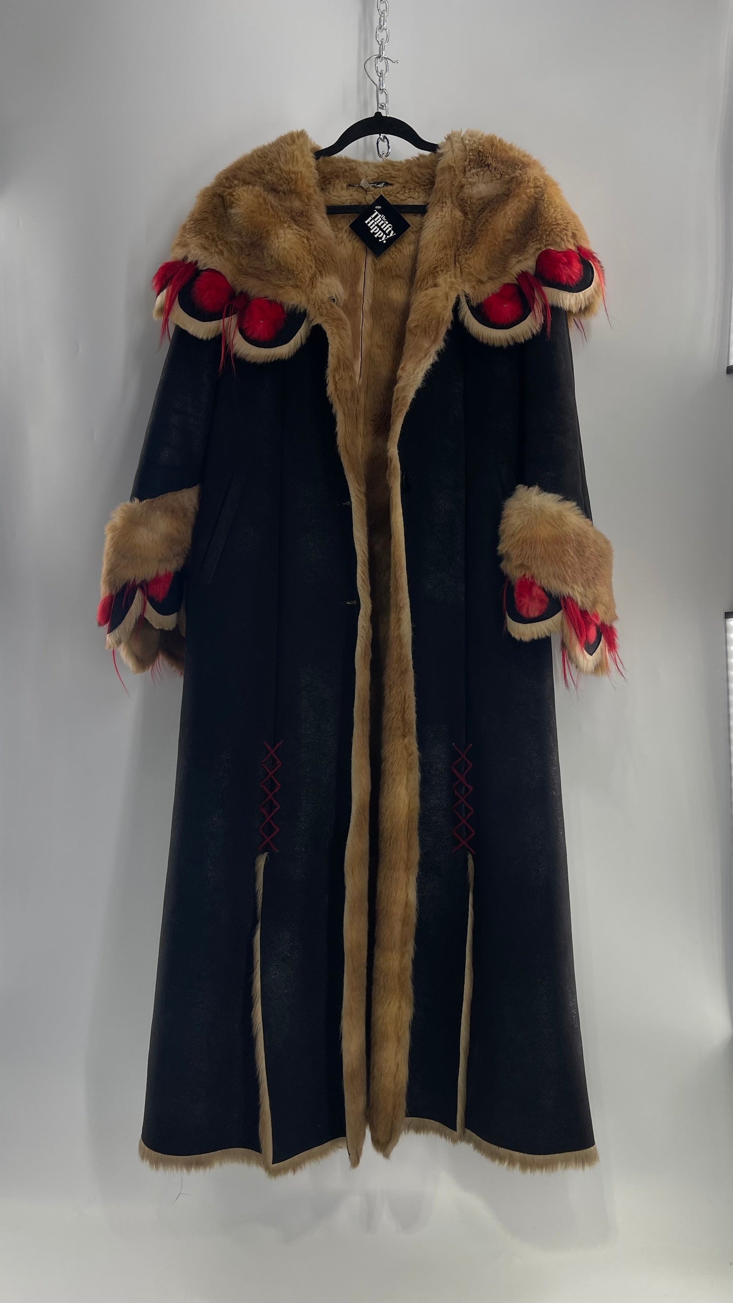 Vintage Russian Black Coat with Brown Fur Piping/Lining, Red Feathers, Scalloped Sleeve, and Hood (Medium)