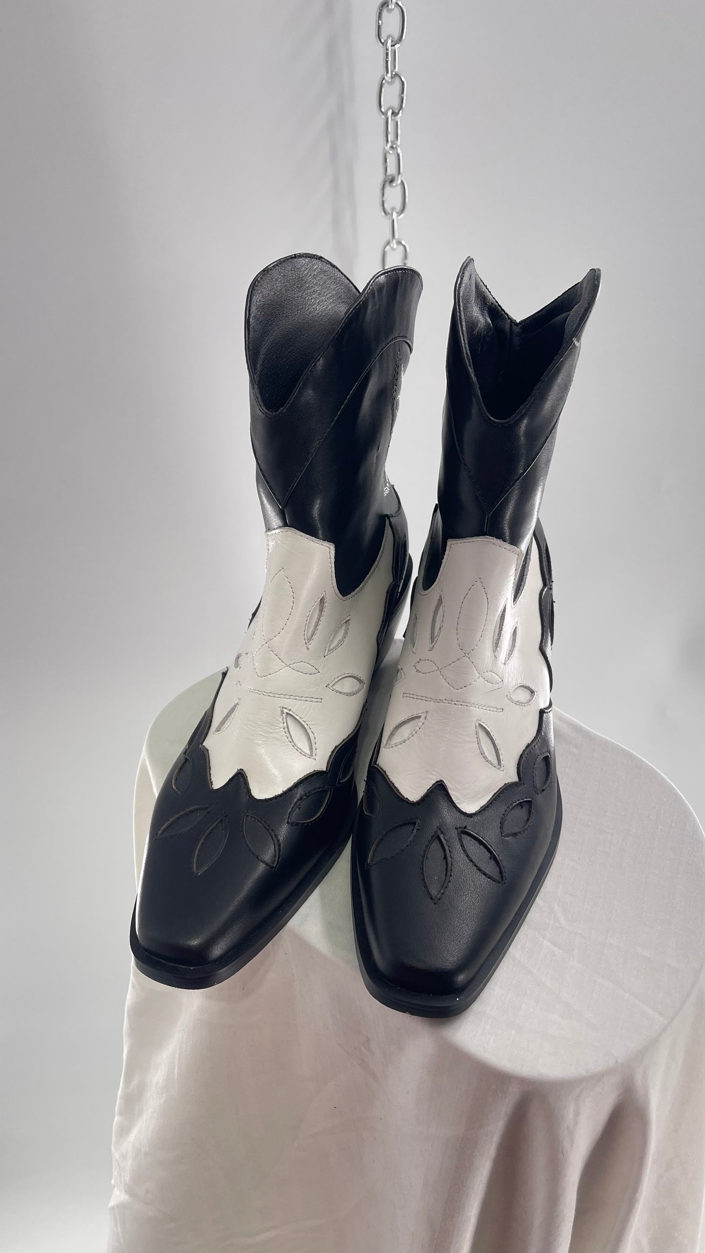 Black and White Cowboy Boots with Embroidered Butterfly Wings on Back (40)