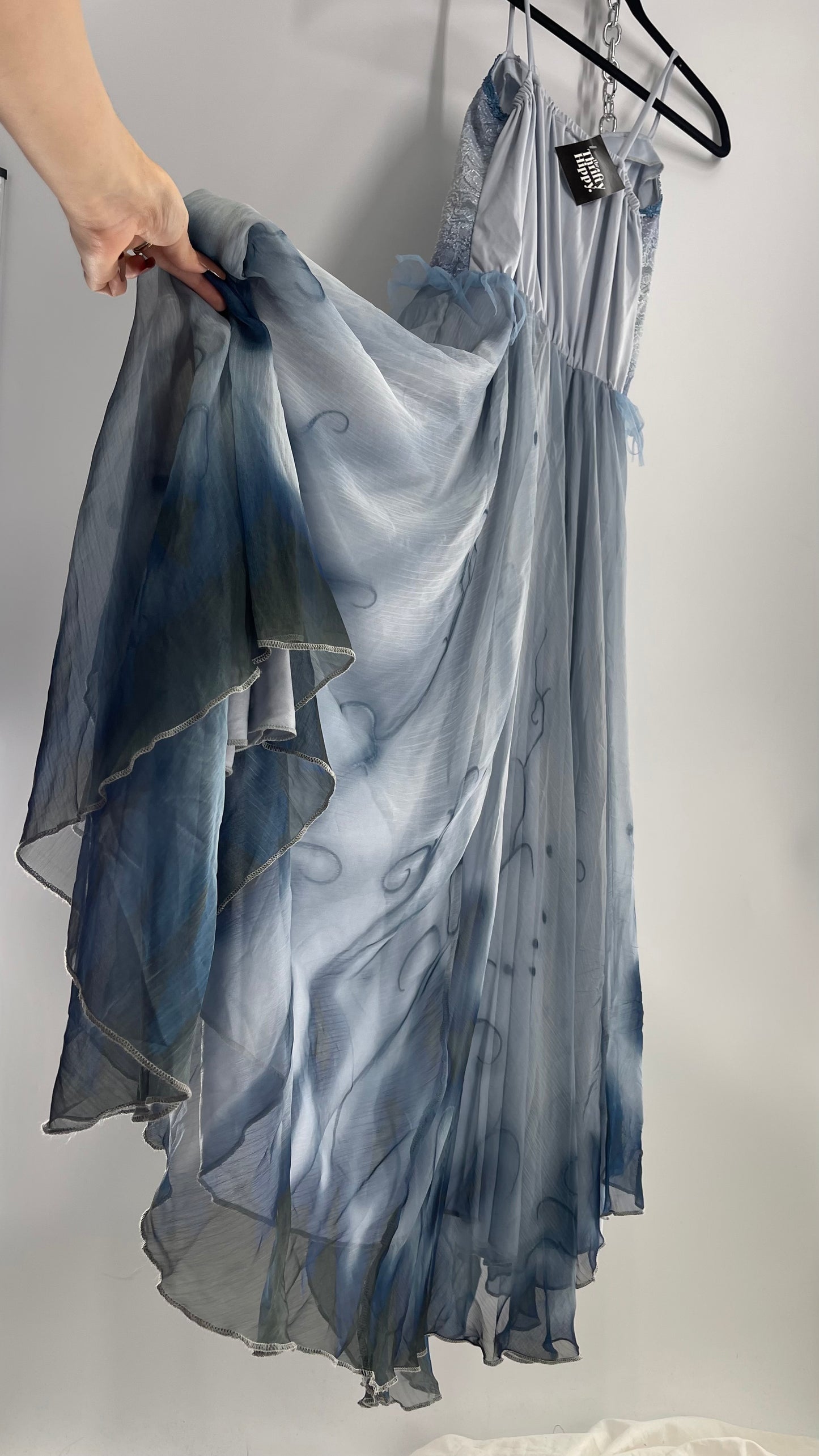 Vintage Muted Blue Corpse Bride Style Gown with Tulle, Embroidery and Ombré