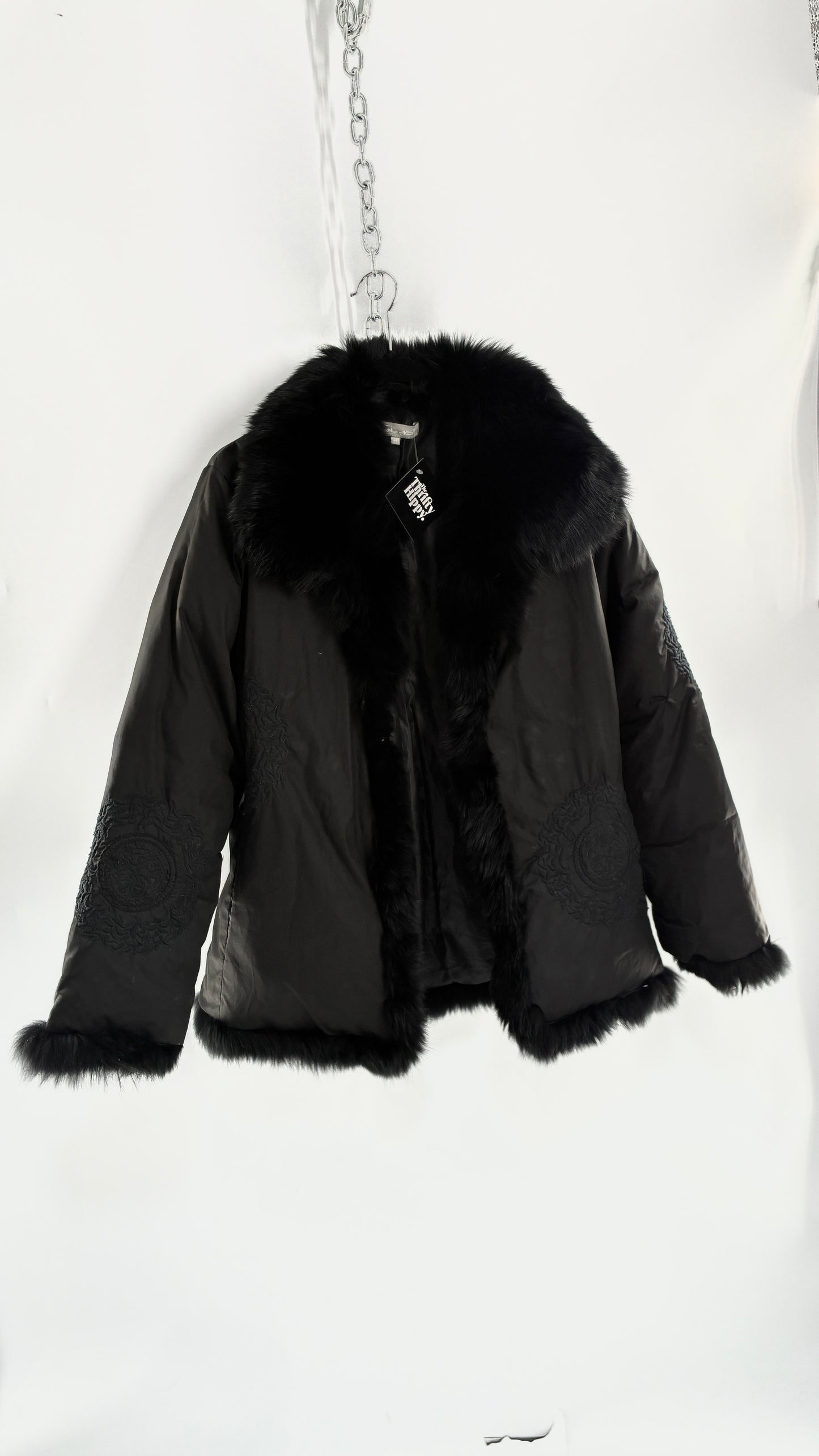 Vintage Gi & JO Black Down and Feather Puffer Jacket with Exaggerated Genuine Rabbit Fur Trim and Mandala Embroidery (Medium)