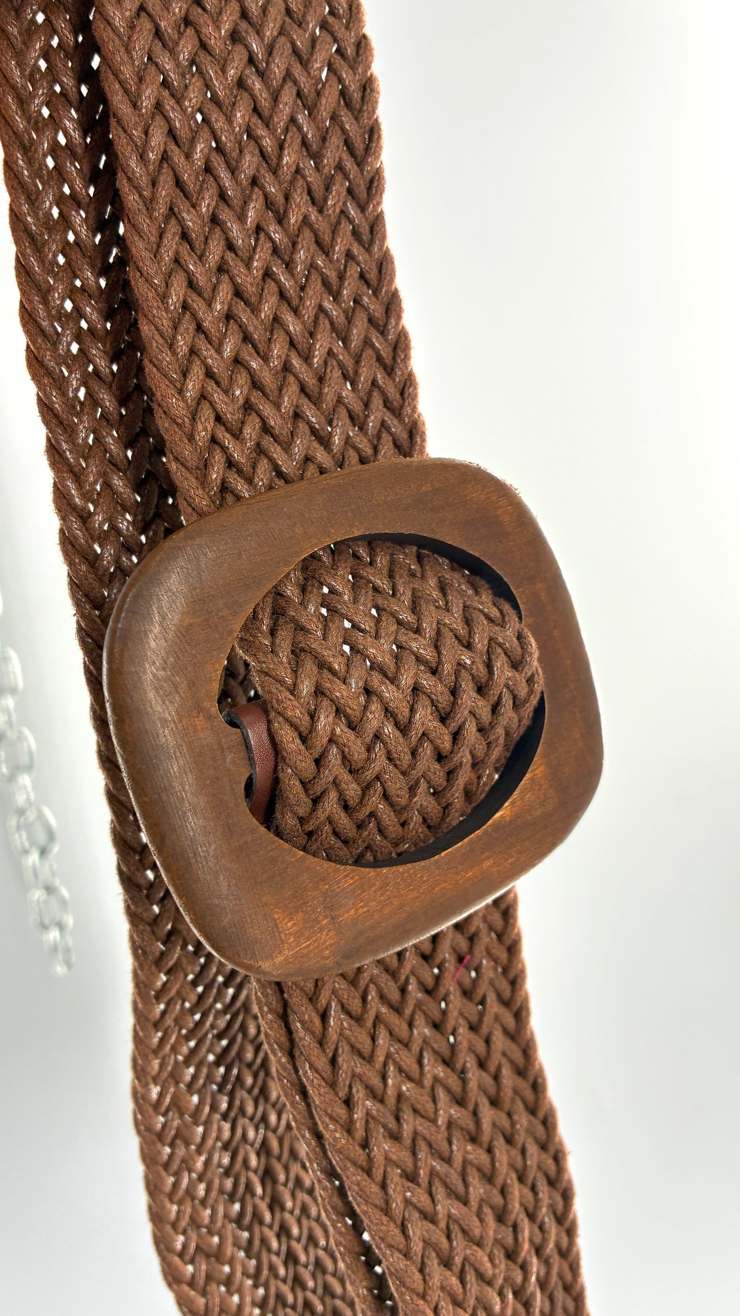 Vintage Brown Thick Rope Belt with Large Wooden Square Buckle (OS)