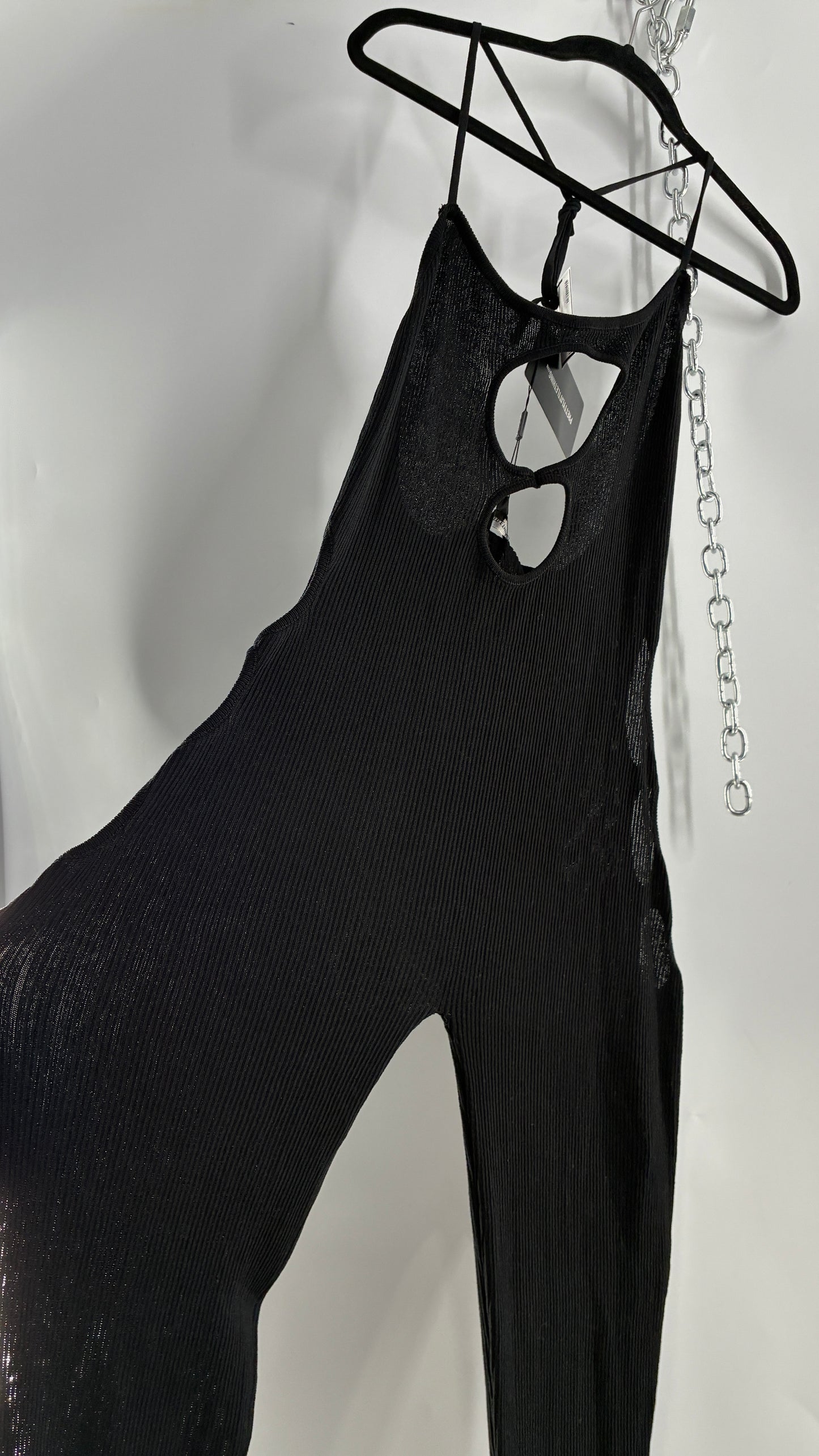 Pretty Little Thing Black Sheer Knit Cut Out Halter Neck Jumpsuit with Tags (Large)