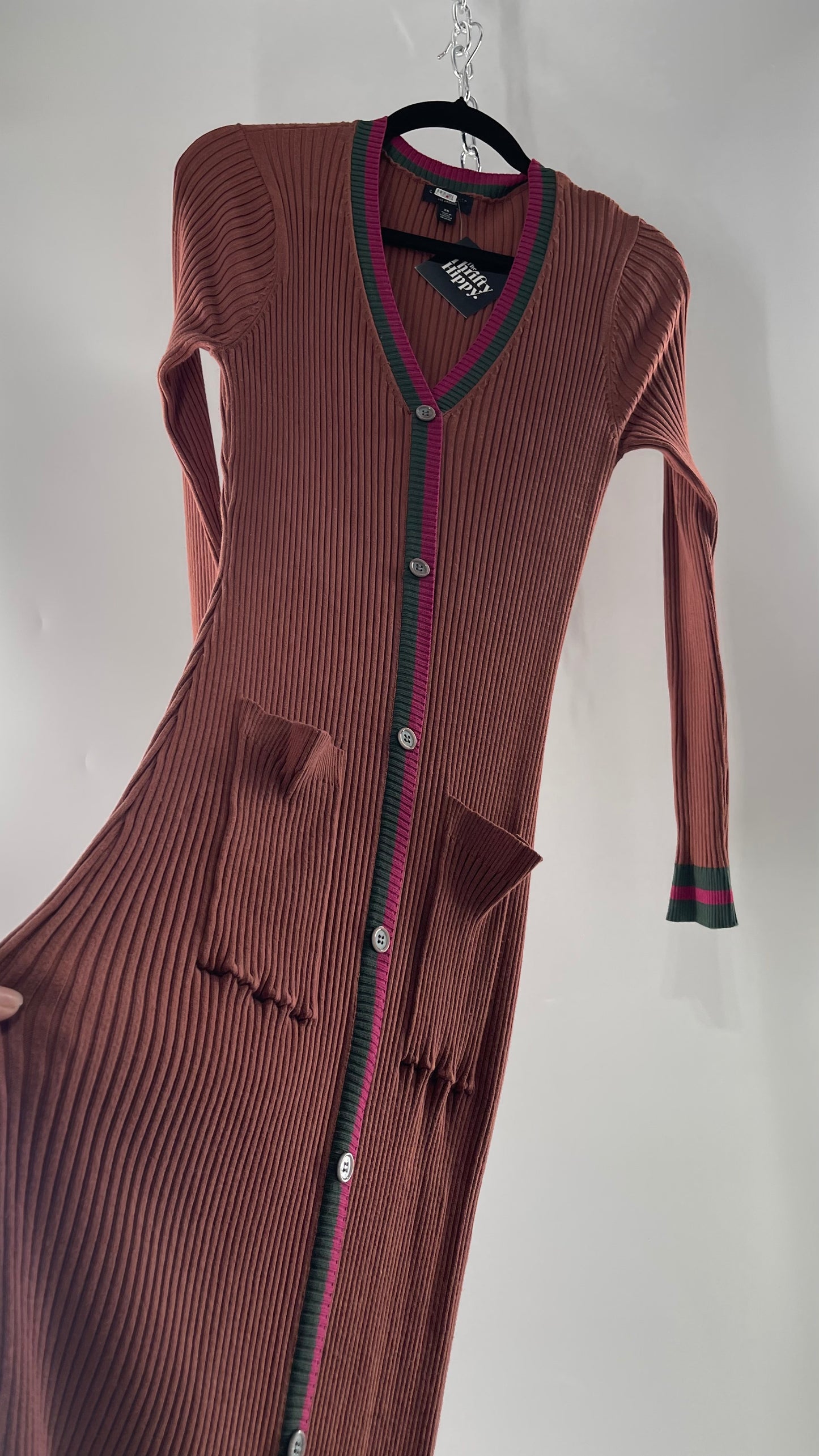 Current Air Los Angeles Brown Ribbed Knit Long Sleeve Button Front Dress with Fuchsia and Forest Green Striping (XS)