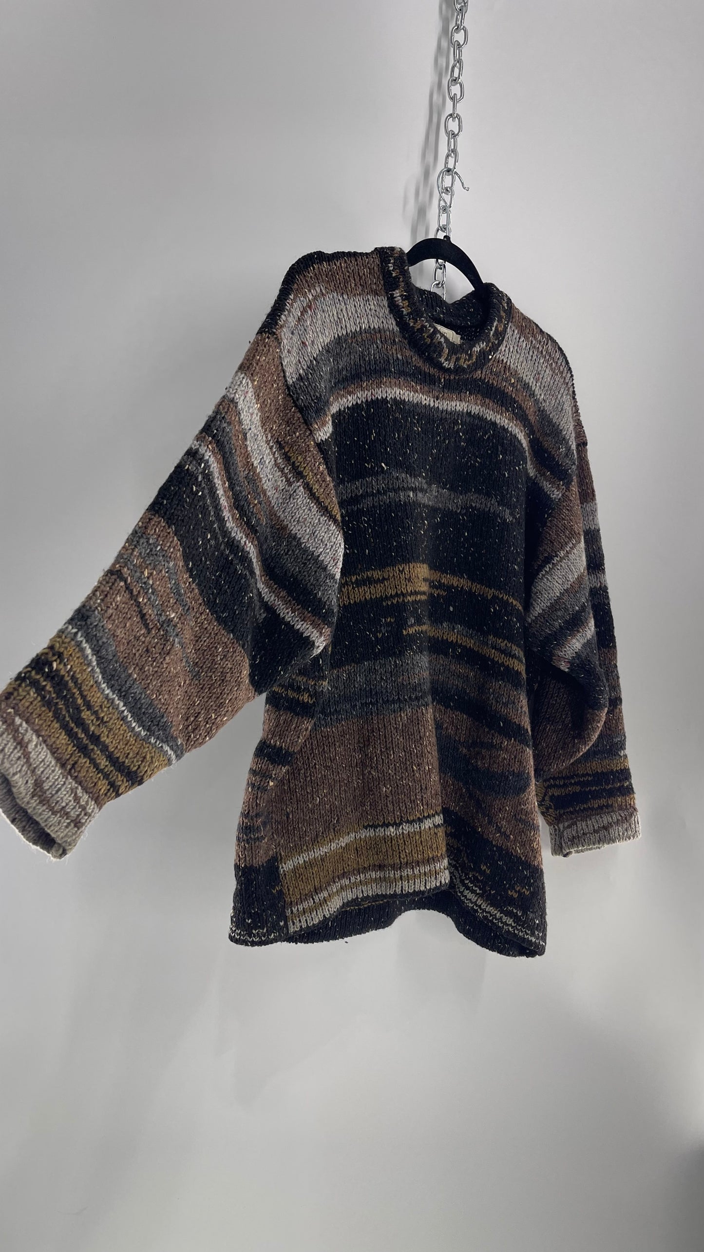 Siochain Knitted in Co Wicklow Ireland Brown Gray Black Brown Stripes Thick Sweater (Large)