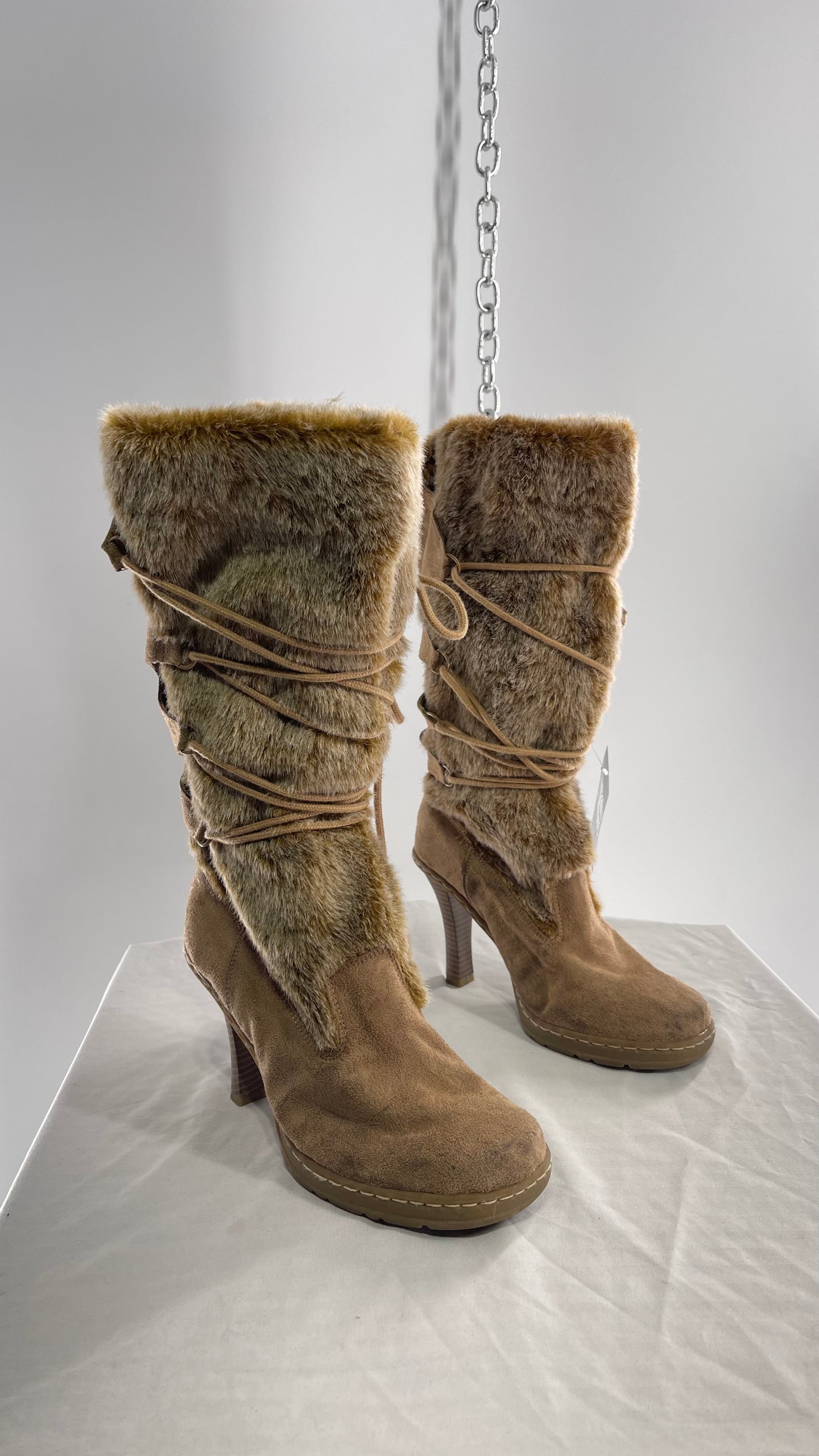 Vintage Round Toe Faux Fur Booties with Tie Up Details (7.5)