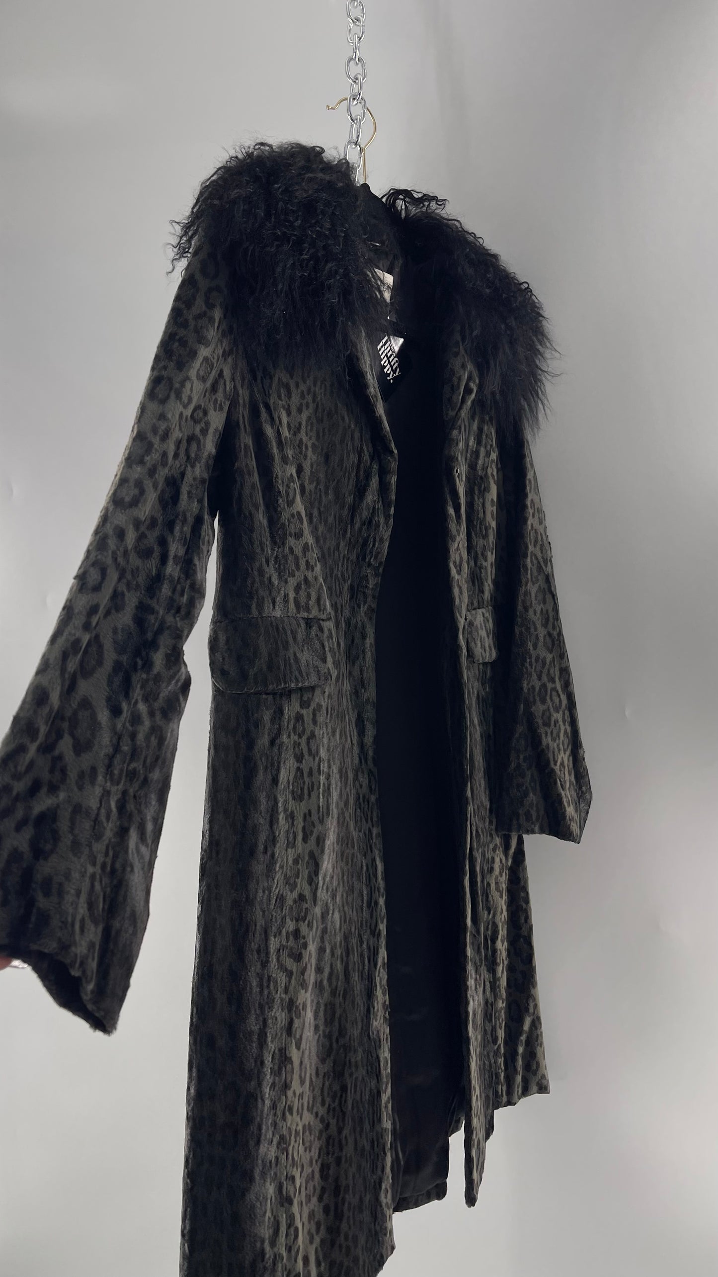 Vintage Romanian RAMOSTEPH Black/Gray Leopard Print Coat with Mongolian Fur Collar (Medium)