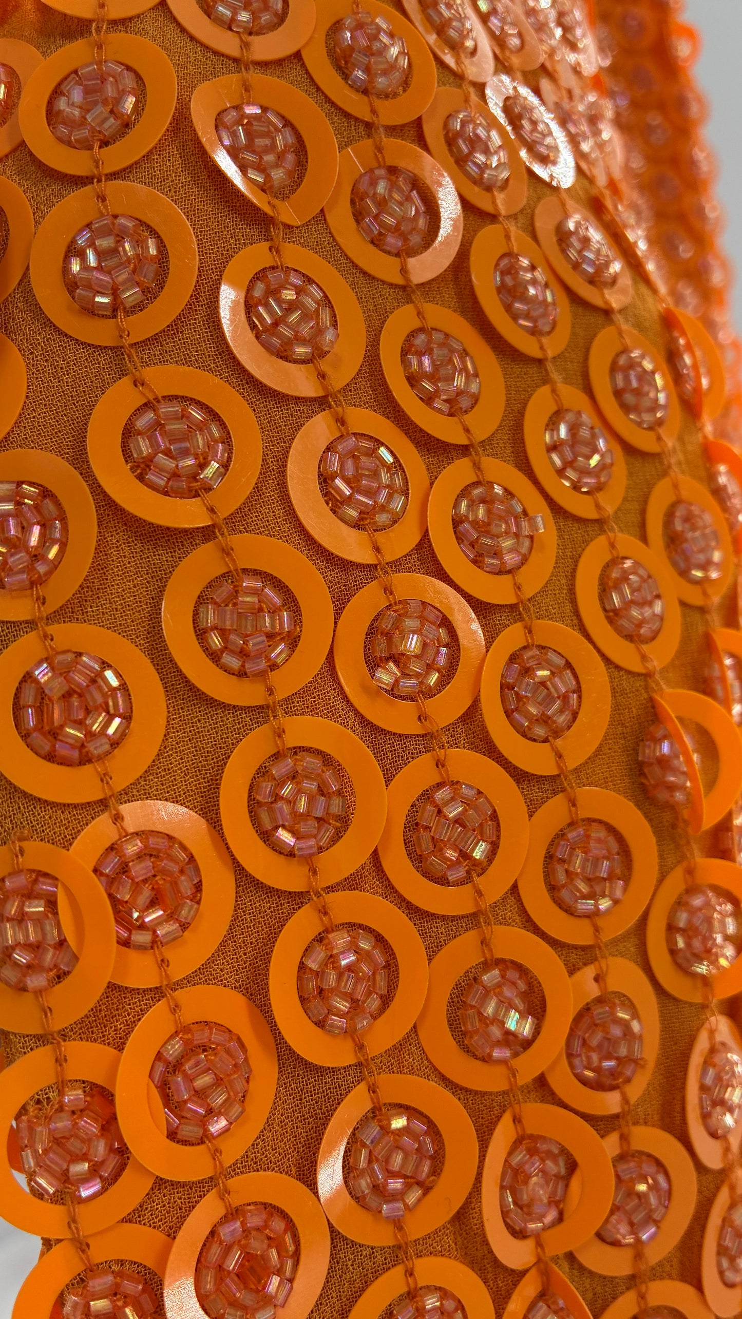 X by NBD Orange Backless Halter Mini Dress with Scalloped Hem, Covered in Beads and Sequins (Medium)