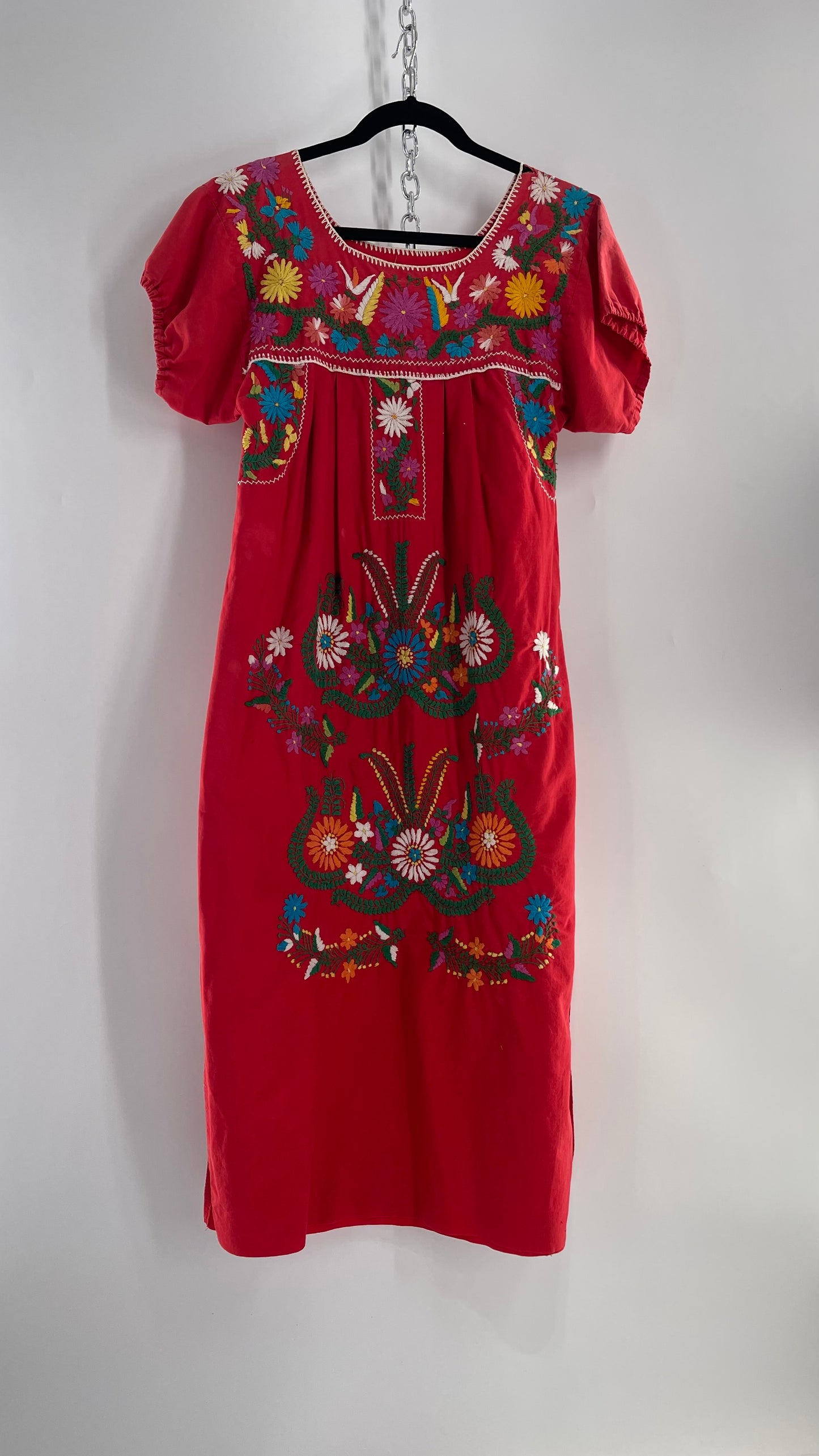 Vintage 1970s Red Cotton Dress with Hand Embroidered Florals Imported from Mexico (Small)