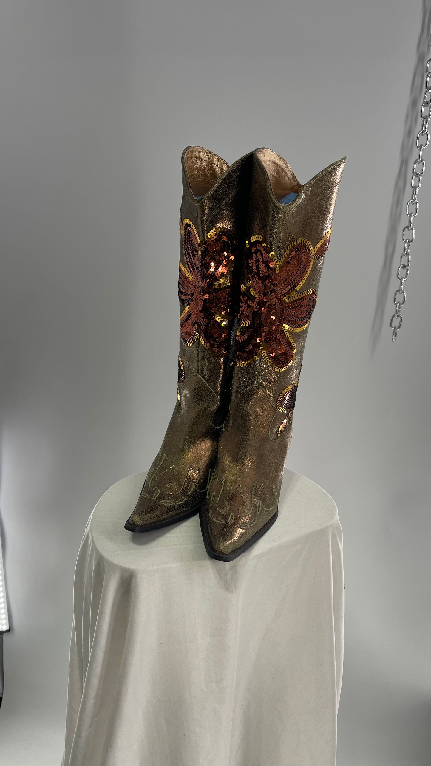 RARE Vintage Foot Candy Sage Green/Bronze Leather Cowboy Boots with Sequin Flowers and Flame Details (6.5)