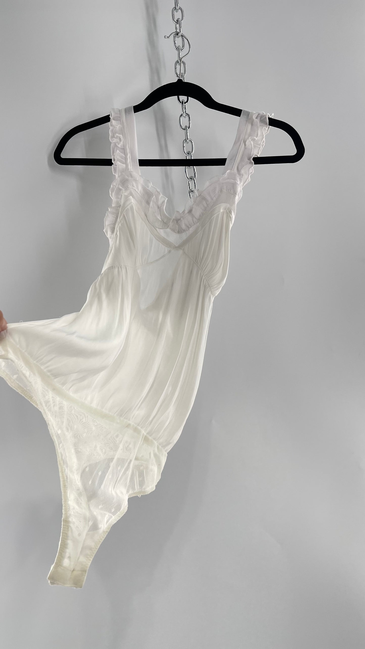 Free People White Silky Soft Bodysuit with Ruffled Bust-line and Straps (M)