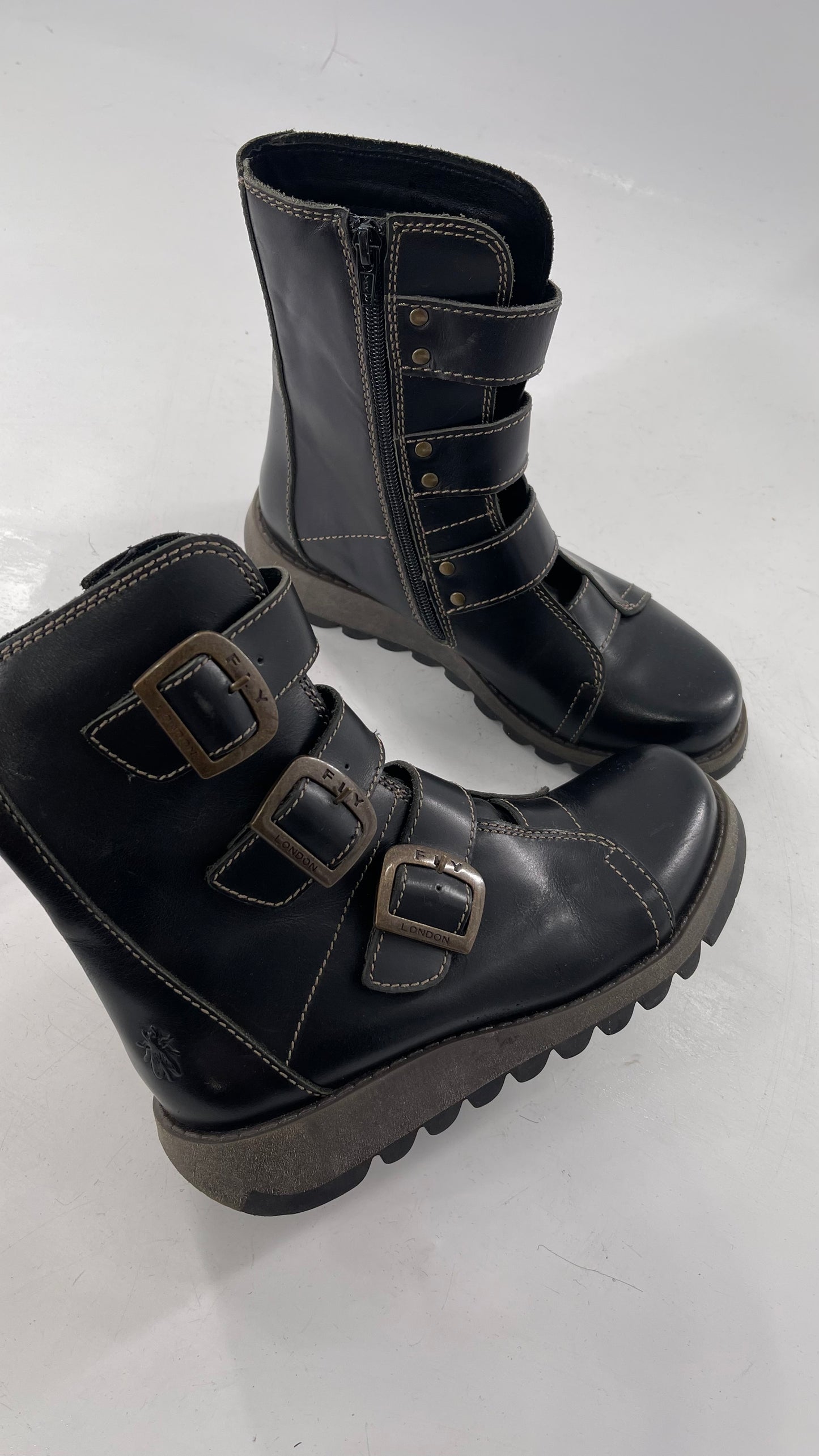 Fly London Black Zipper Side Biker Boot with Oversized Brass Buckles (38)