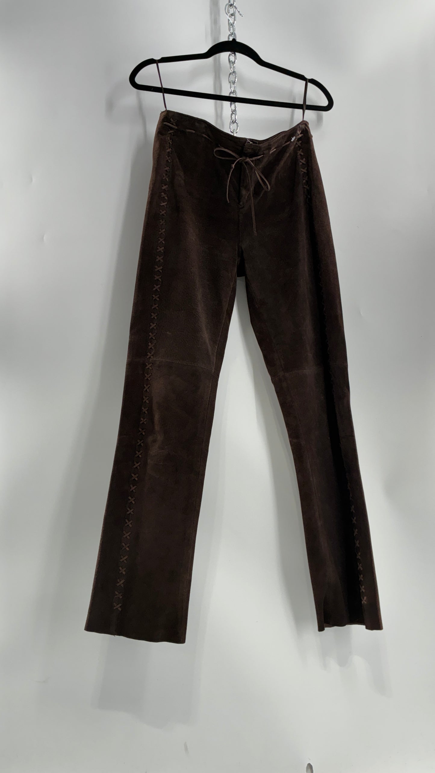 Vintage FOR JOSEPH Low Rise, Chocolate Brown Suede Pants with Leather Stitch Sides and Bow Closure (28)