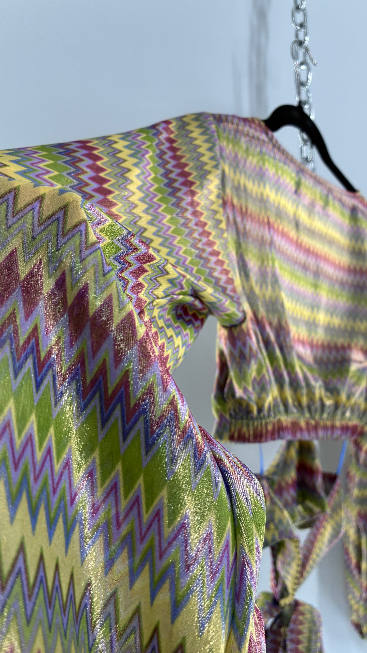 Urban Outfitters Green Open Side Tie Around, Balloon Sleeve Sparkle Top (Small)