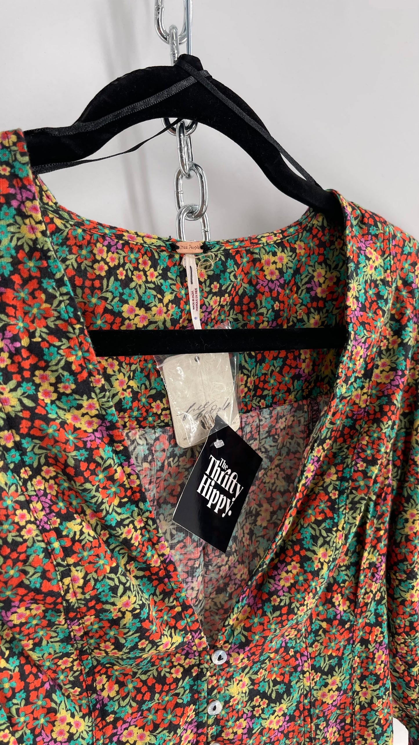 Free People 100% Cotton Colorful Florals Blouse with Deep V, Puff Sleeves, Button Front, and Tags Attached  (Small)