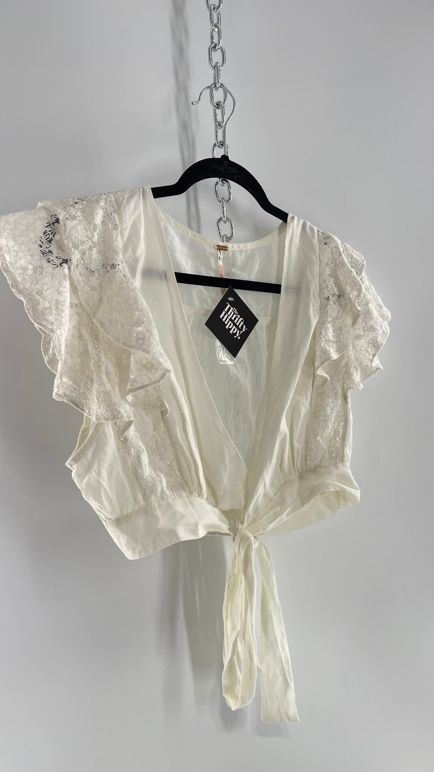 Free People White Cotton Cropped Wrap Around Blouse with Lace Details (L)