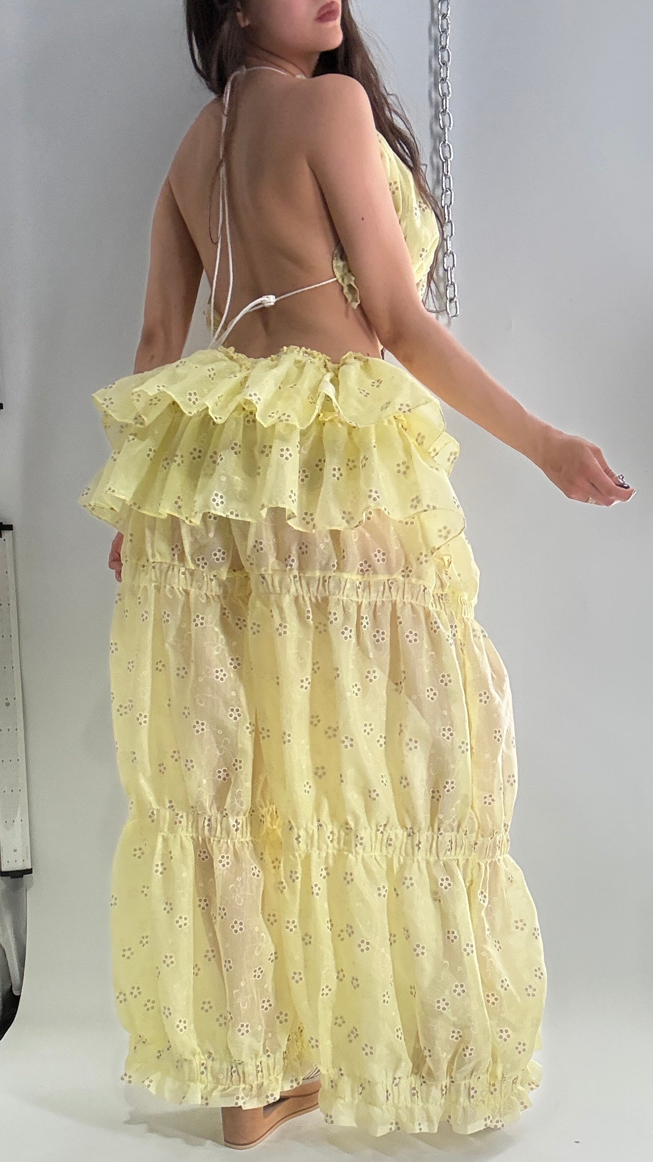 Vintage Handmade 2pc Baby Yellow Set with Tiered Pants, Ruffled Bum, and Floral Eyelet Pattern (XS-M)