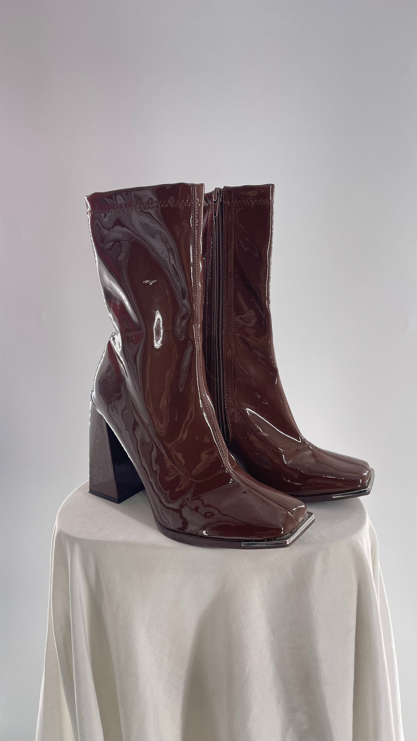 Square Toe Brown Vinyl Boot with Angled Block Heel (8)