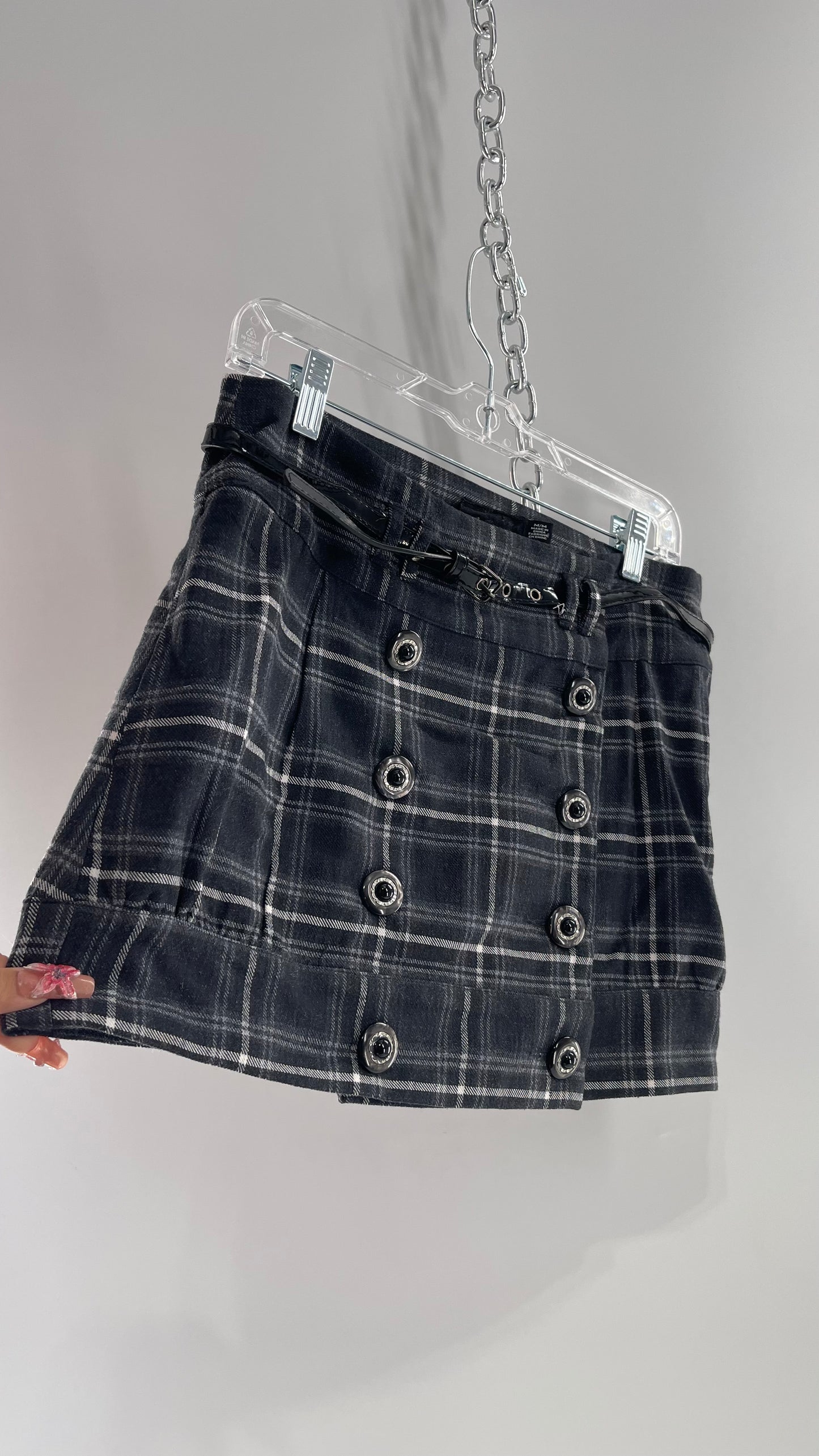 Vintage 2000s Gray Plaid Mini Skirt with Button Front and Belted Waistline (Medium)