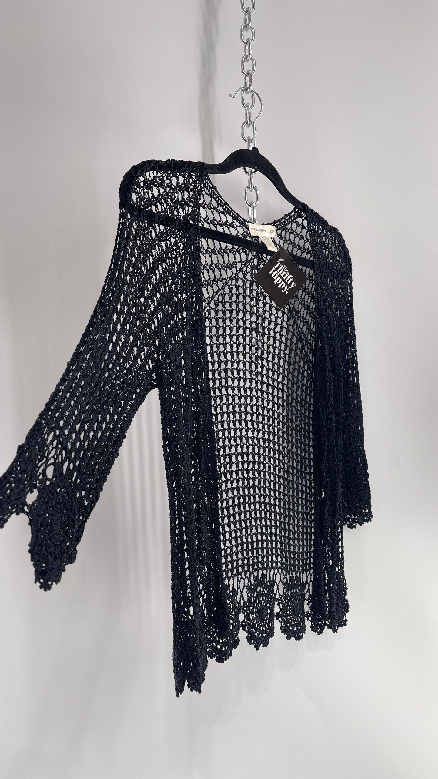 Vintage Black Crochet Slinky Top with Ribbon Bust Tie (XS)