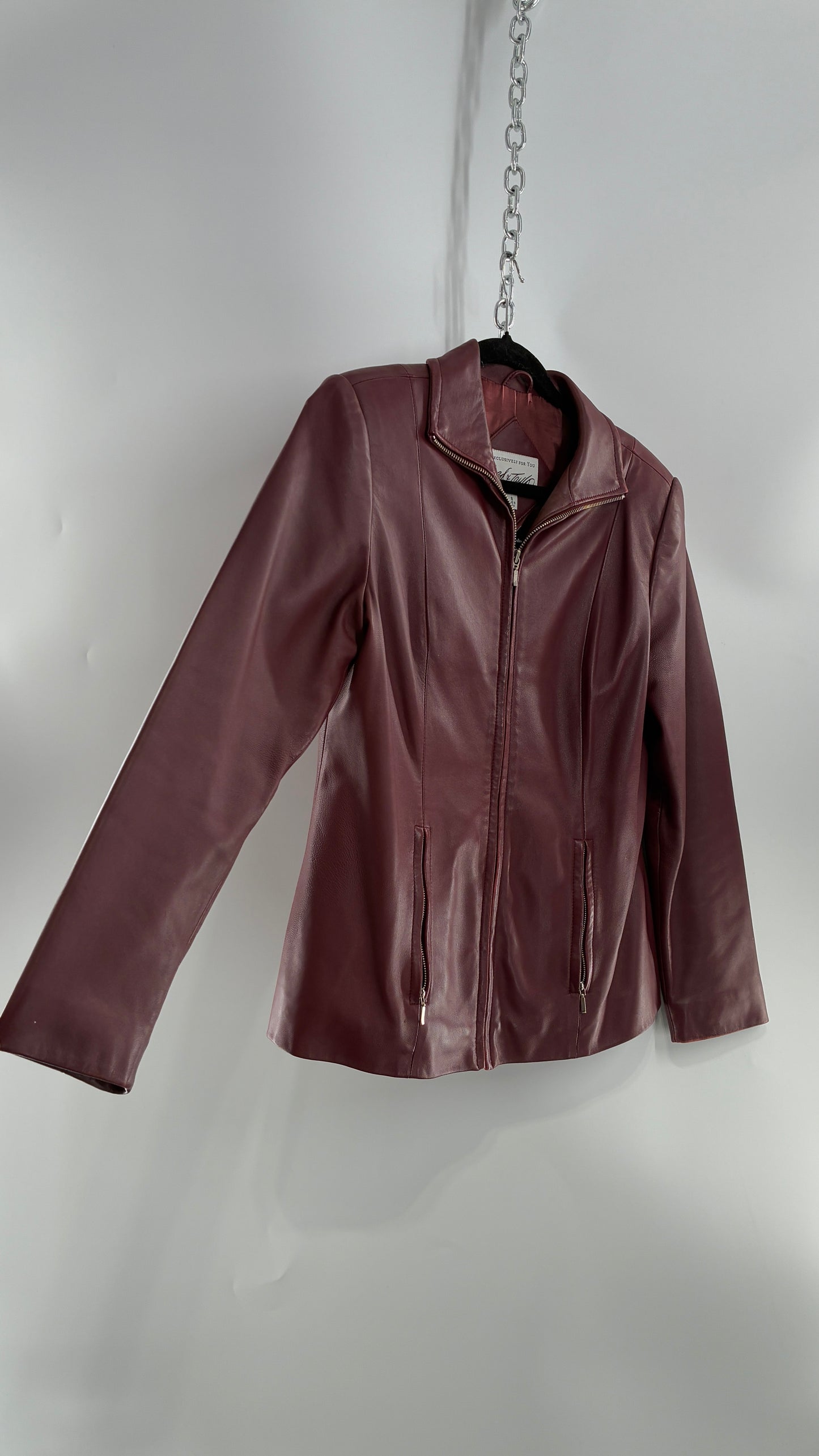 Vintage Lord & Taylor Burgundy Maroon Leather Zip Up Jacket (Small)