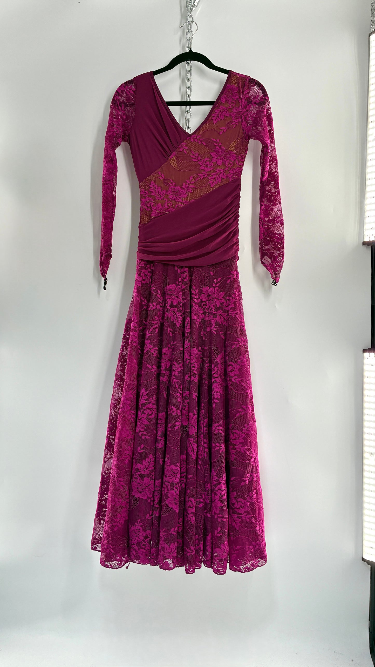 Vintage Fuchsia Flamenco, Lace and Mesh Paneled Gown with Gloved Hand Detail (Small)