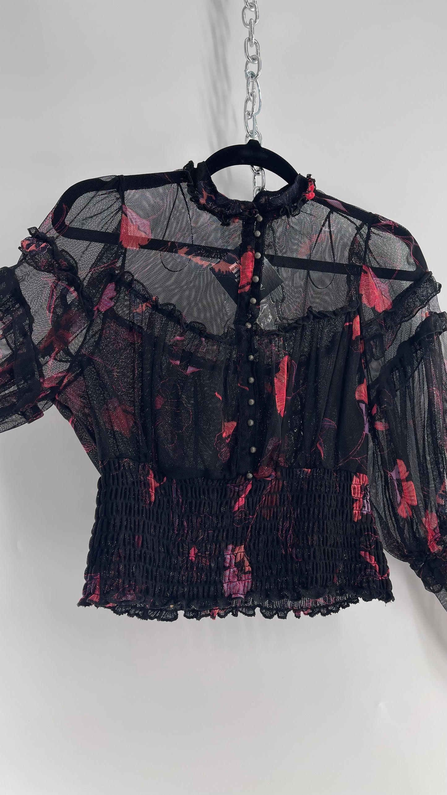 Free People Black Mesh Top with Smocked Waist, Buttoning and Contrasting Florals (Medium)