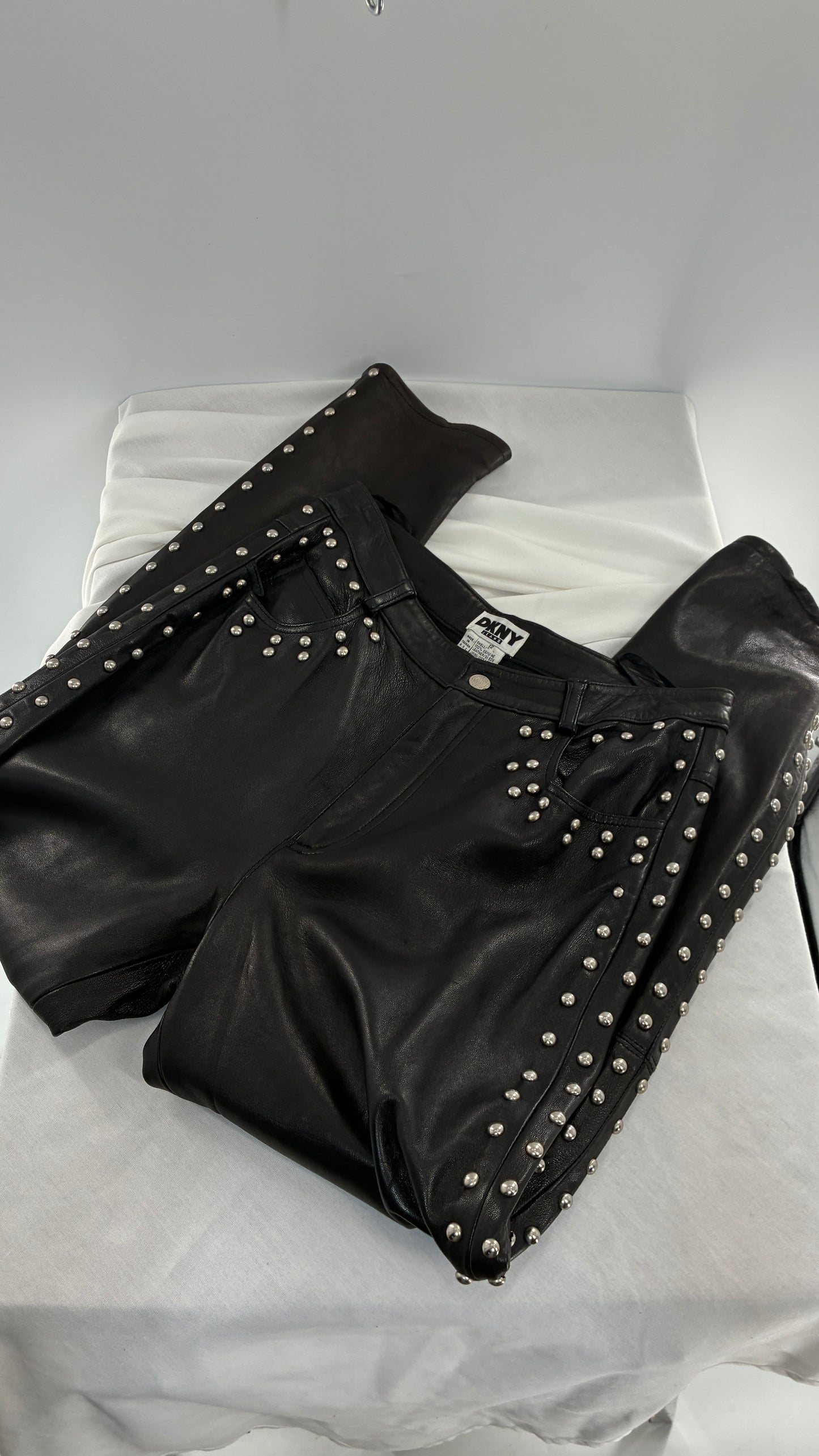 Vintage DKNY Genuine Leather Black Hip to Hem Studded Straight Legs (12)
